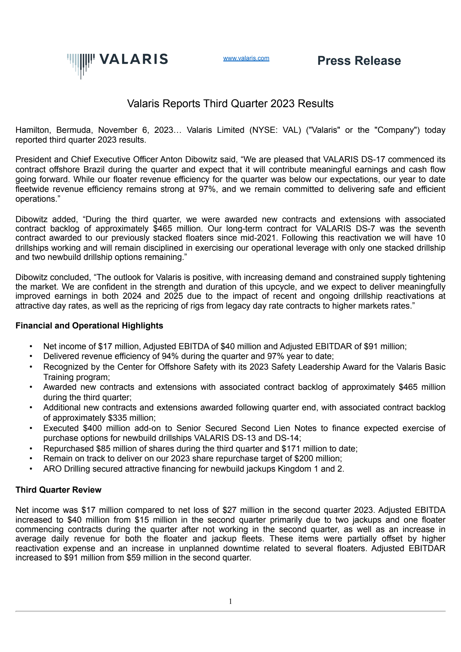 Valaris' Q3 2023 Press Release