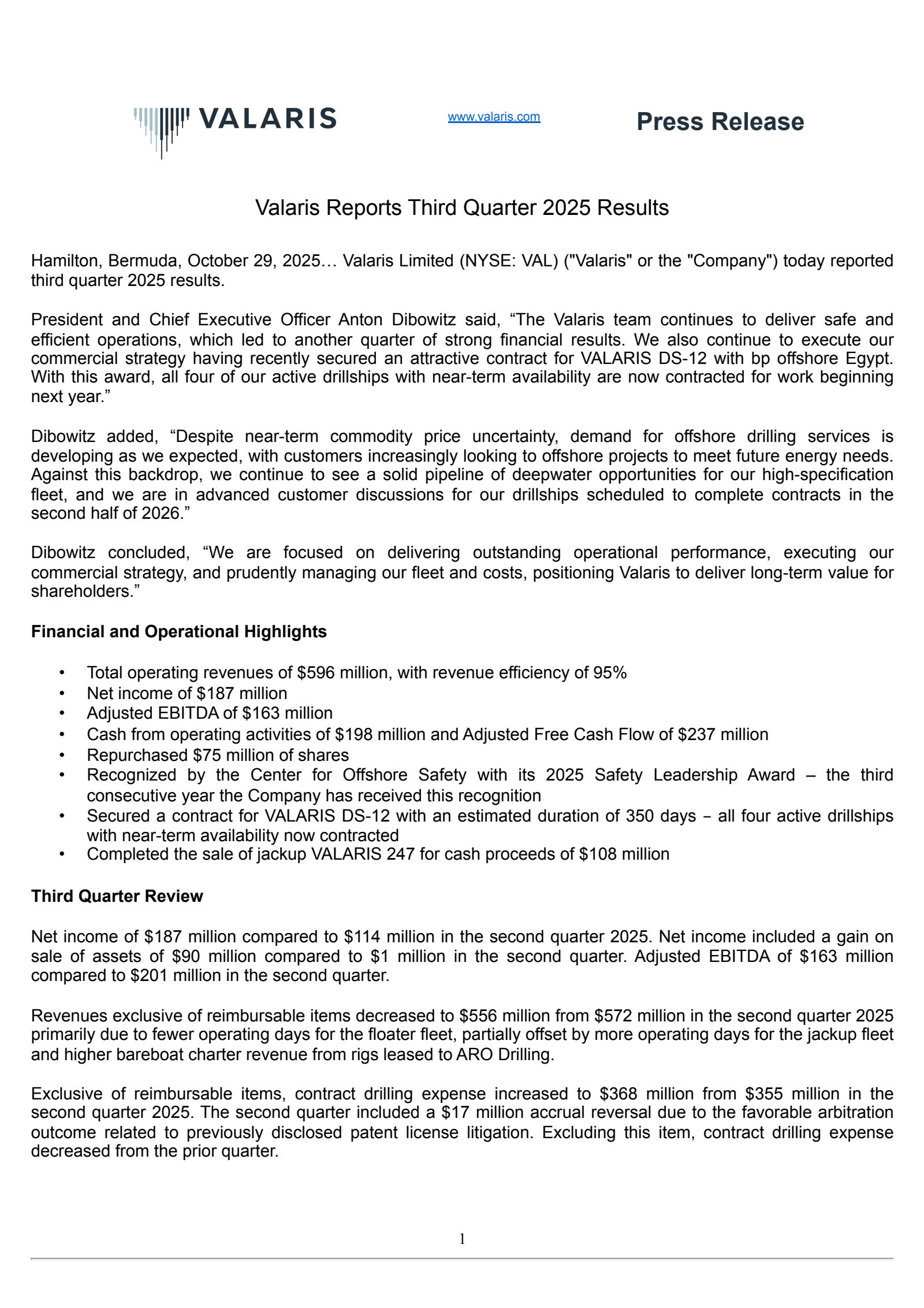 Valaris' Q3 2025 Earnings Release