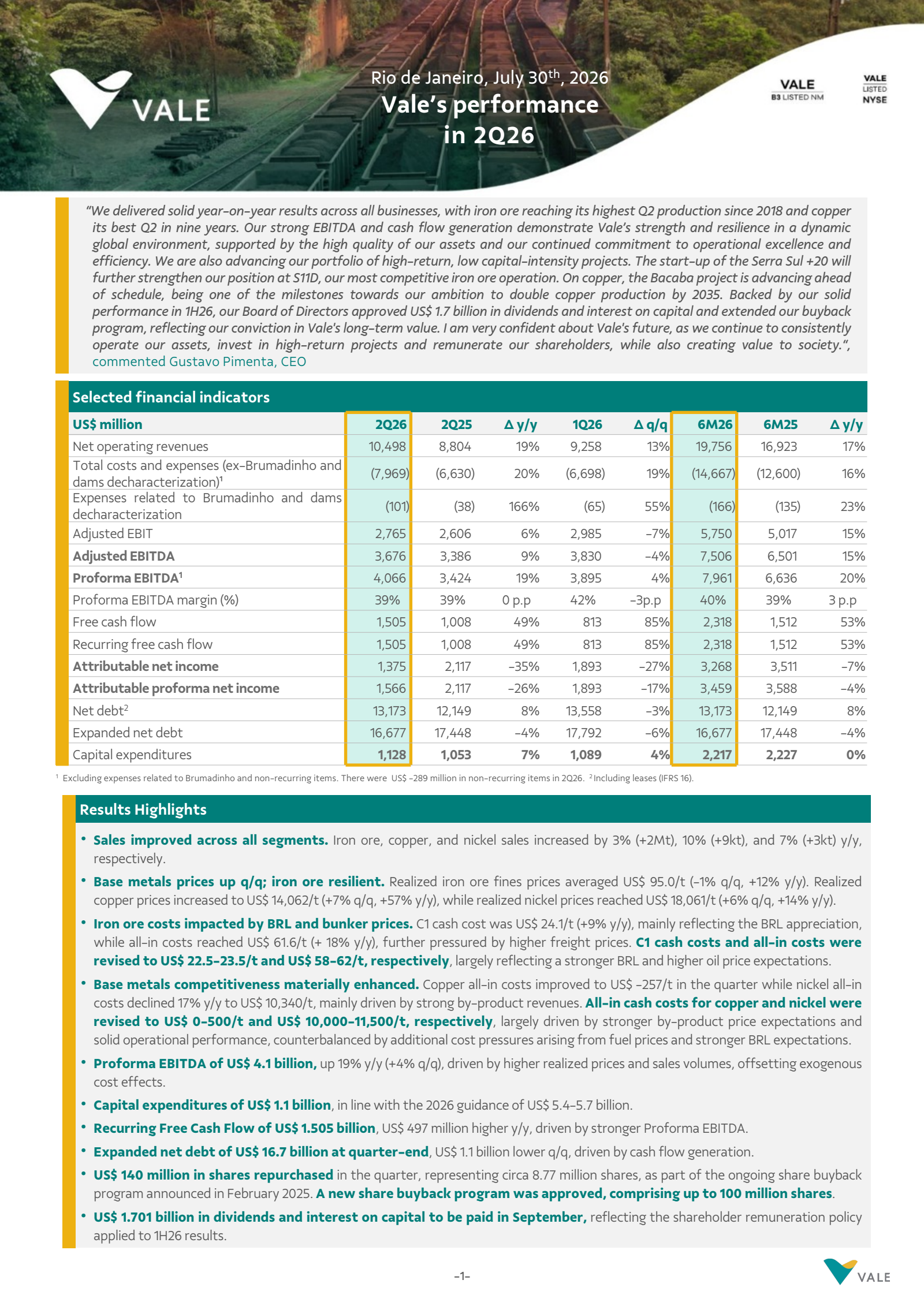 Vale's Q2 2026 Press Release
