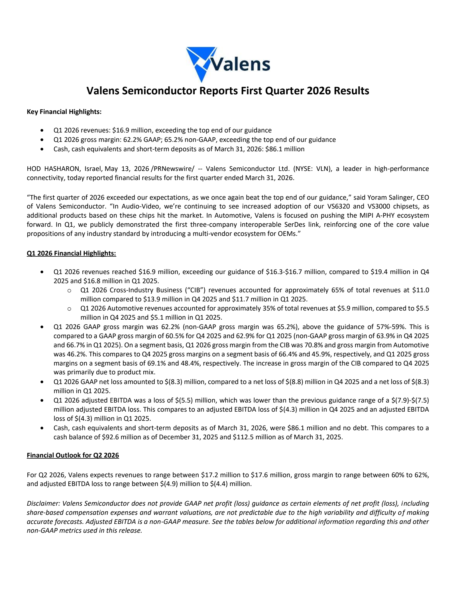 Valens Semiconductor's Q1 2026 Press Release
