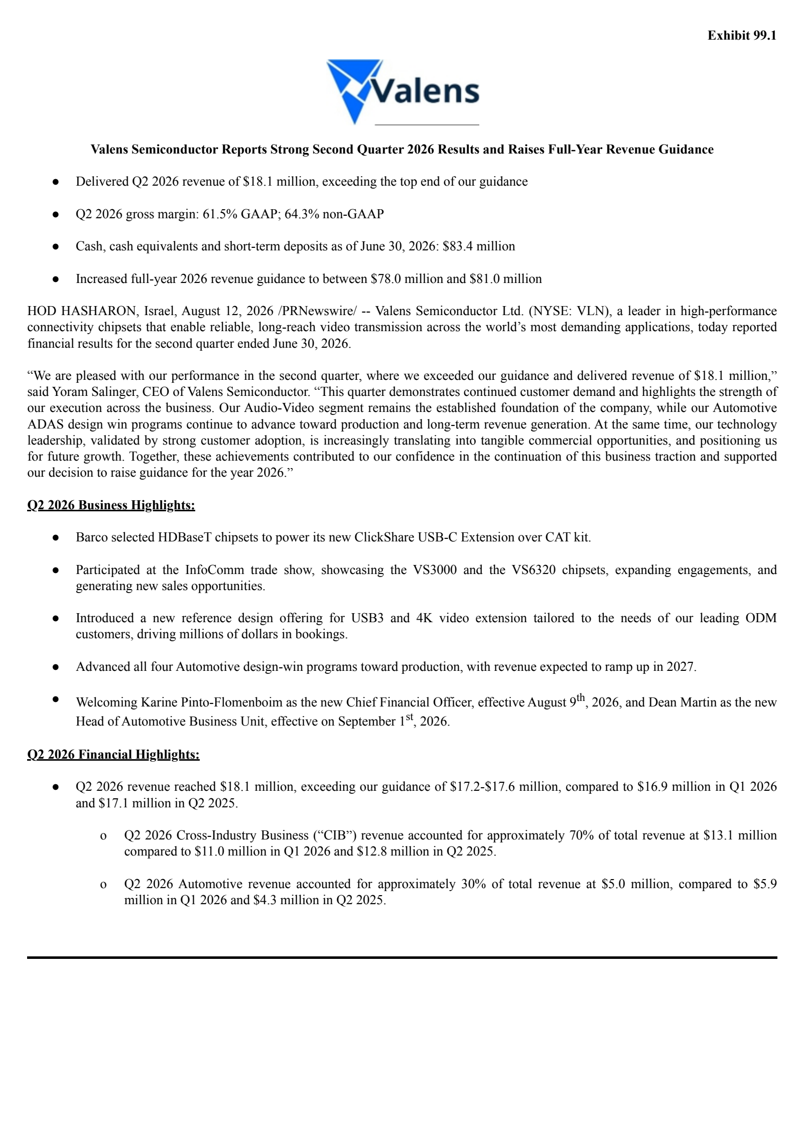 Valens Semiconductor's Q2 2026 Press Release