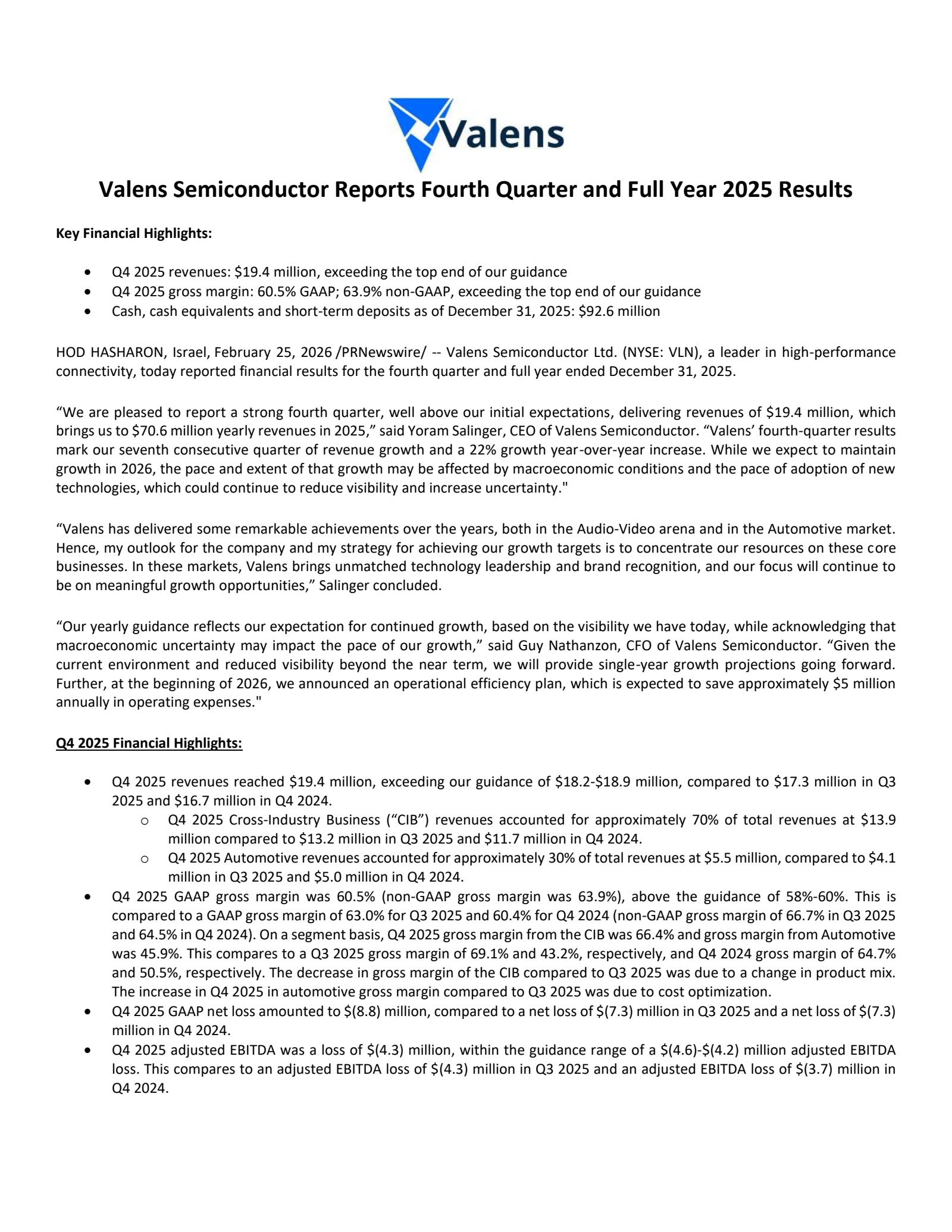 Valens Semiconductor's Q4 2025 Press Release