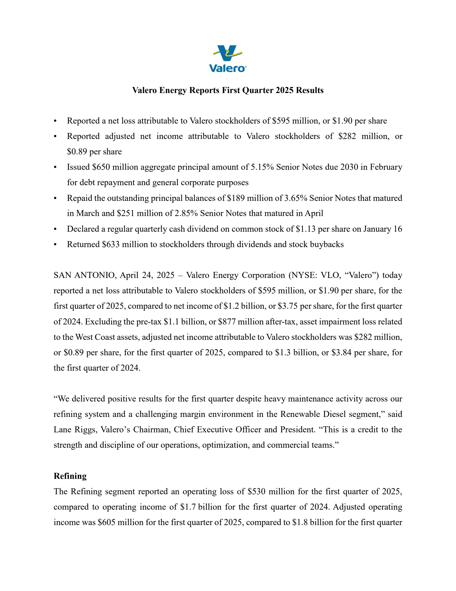 VLO Q1 2025 Earnings Report on 4/24/2025