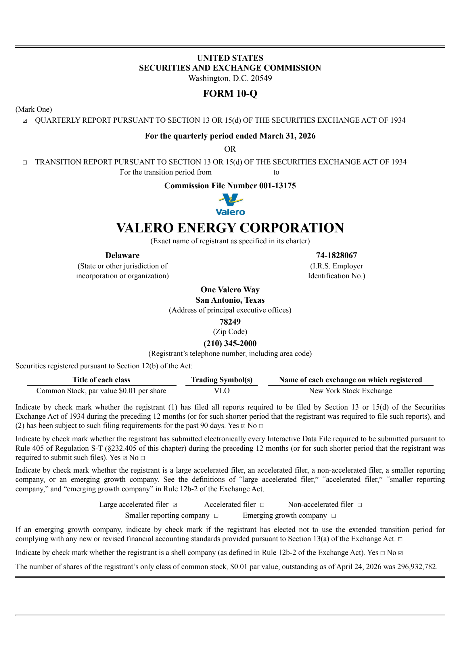 Valero Energy's Q1 2026 Quarterly report