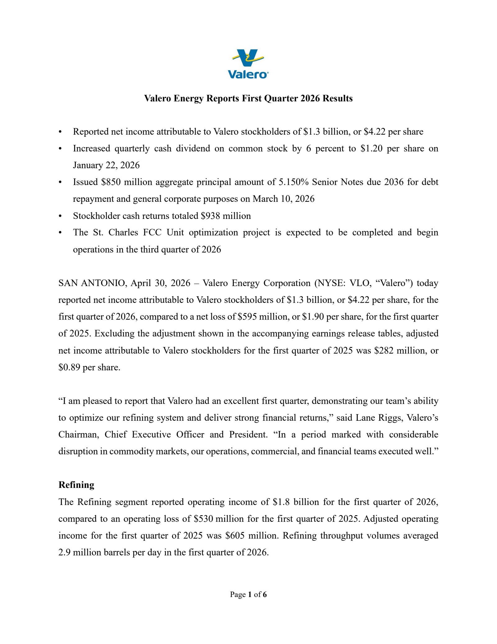 Valero Energy's Q1 2026 Press Release