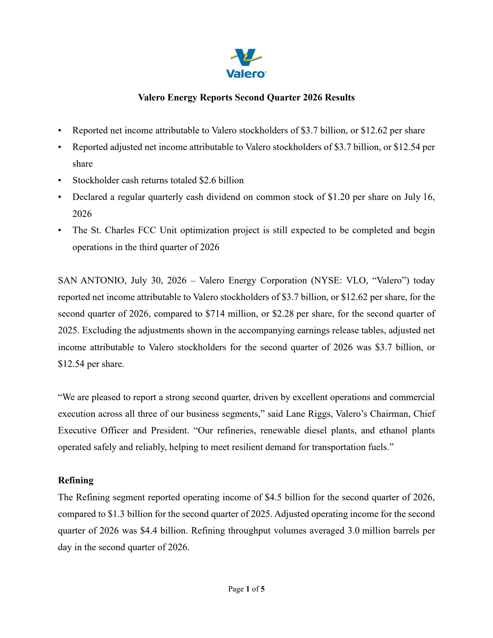 Valero Energy's Q2 2026 Press Release