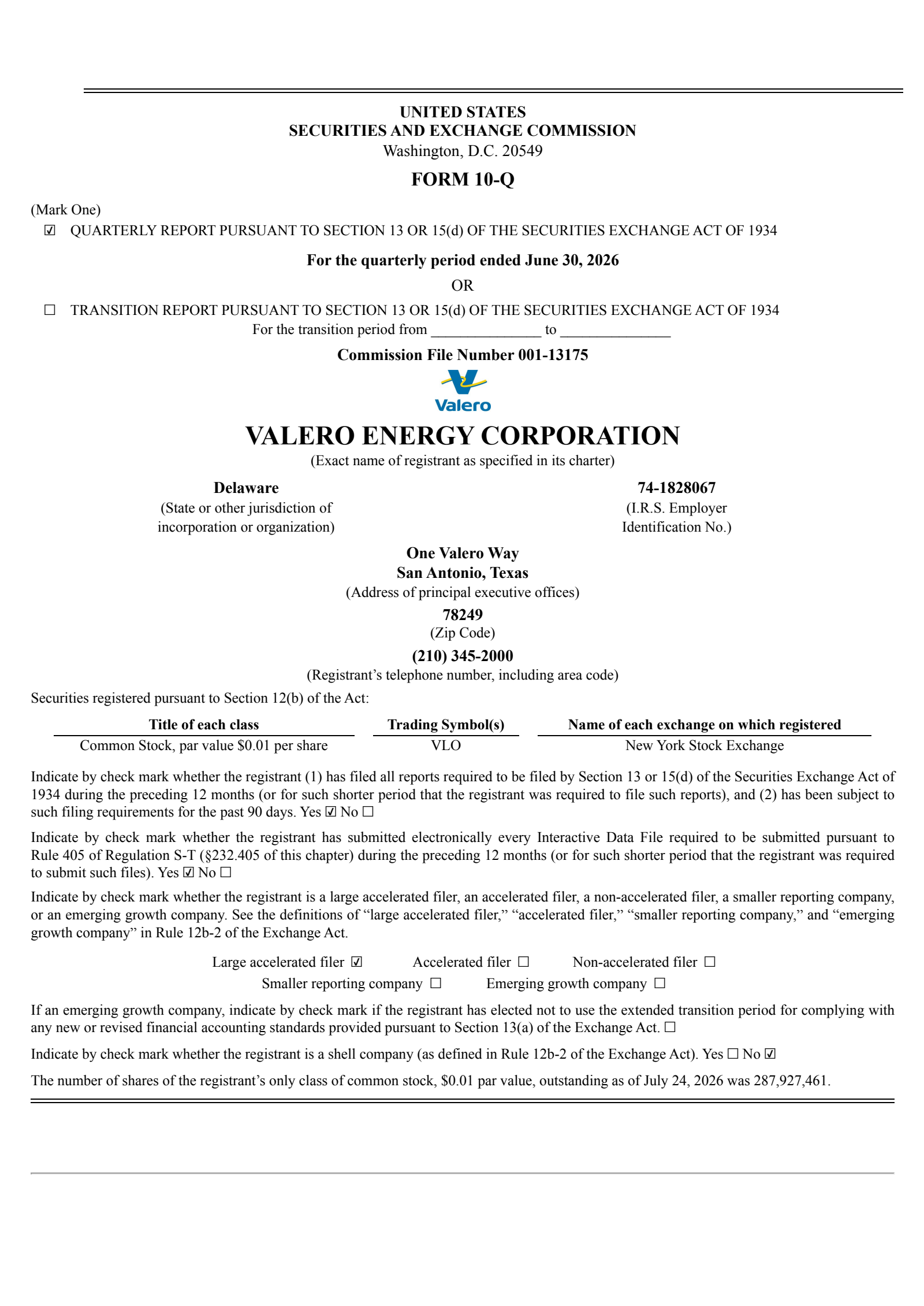 Valero Energy's Q2 2026 Quarterly report
