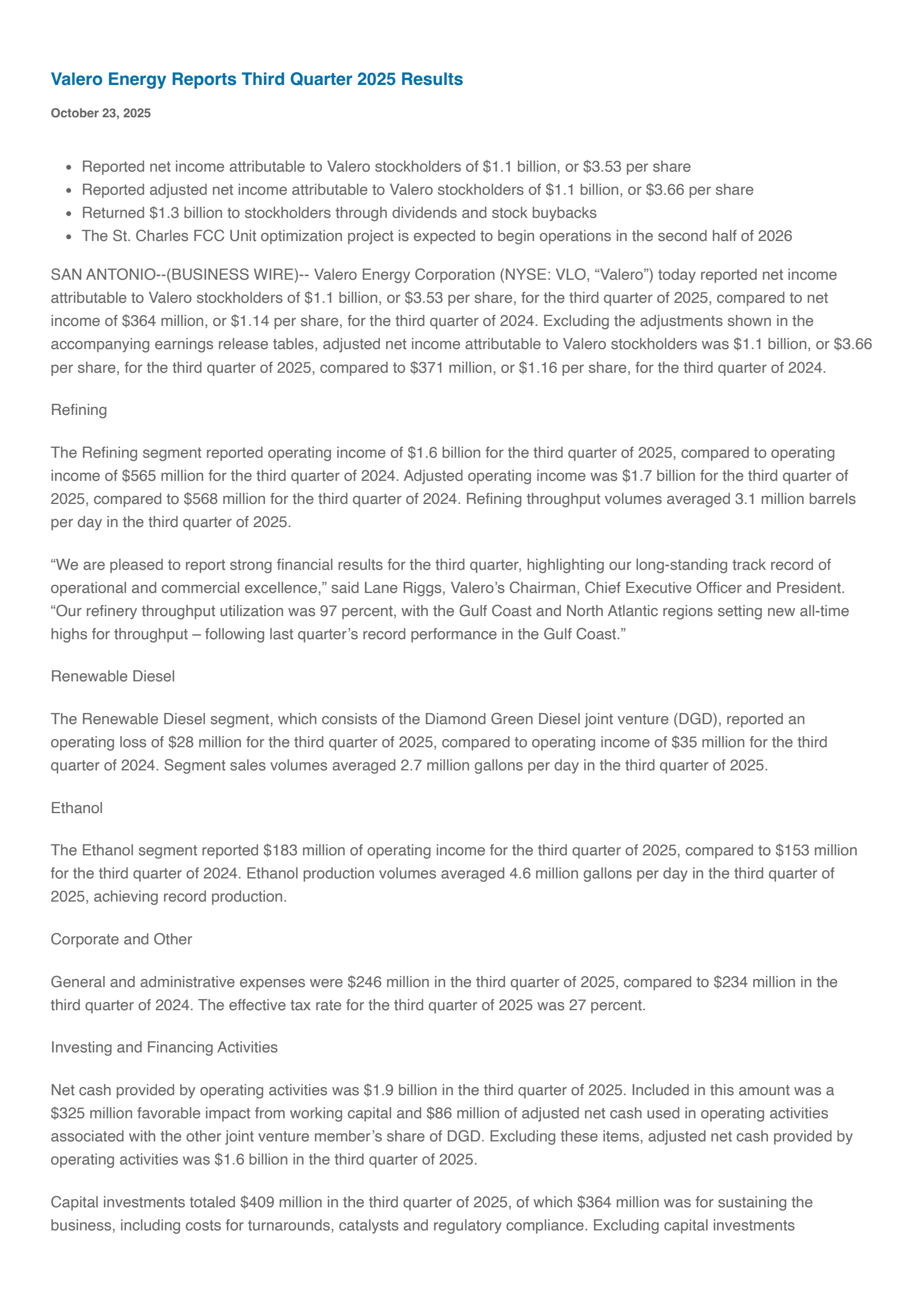 Valero Energy's Q3 2025 Earnings Release