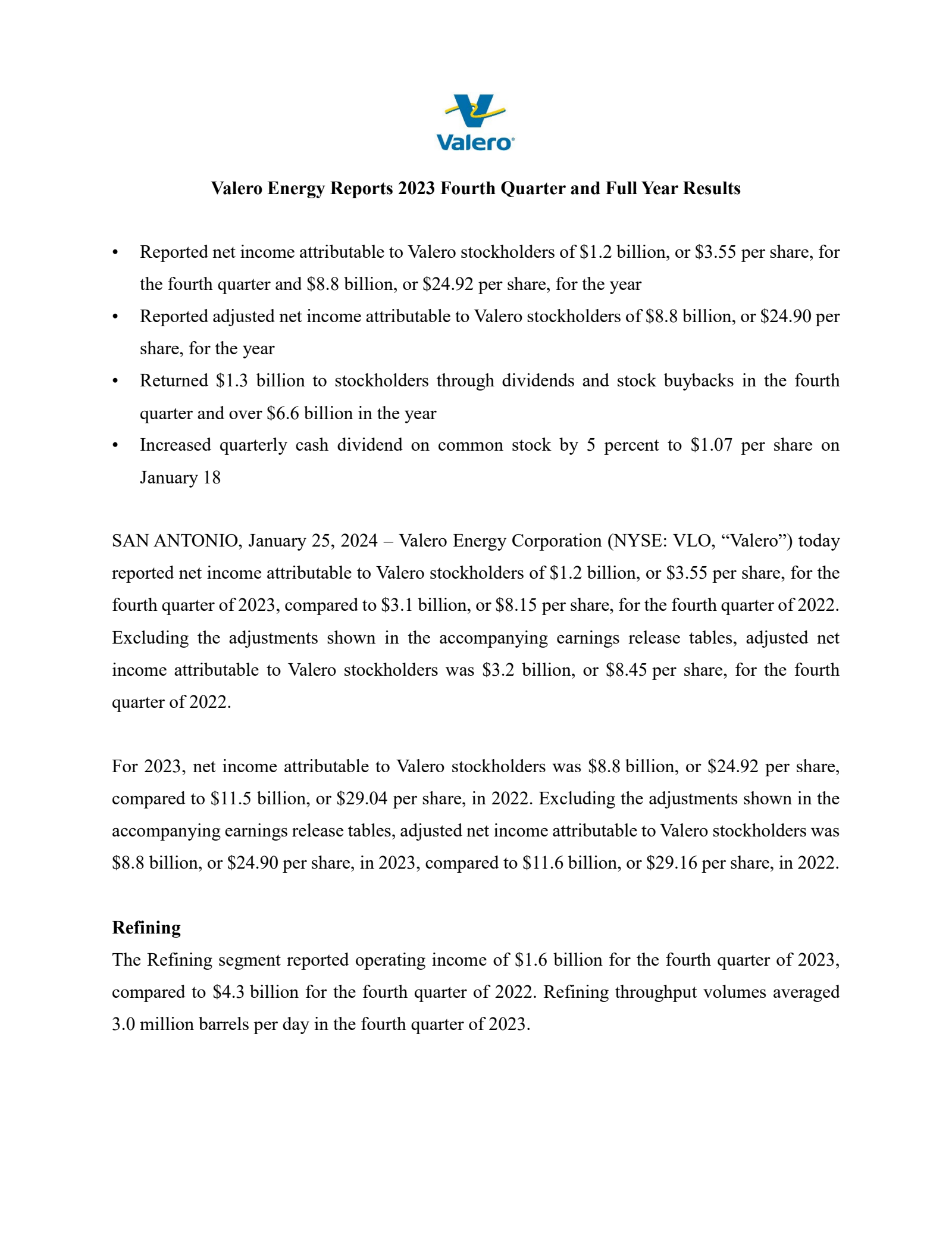 Valero Energy's Q4 2023 Press Release
