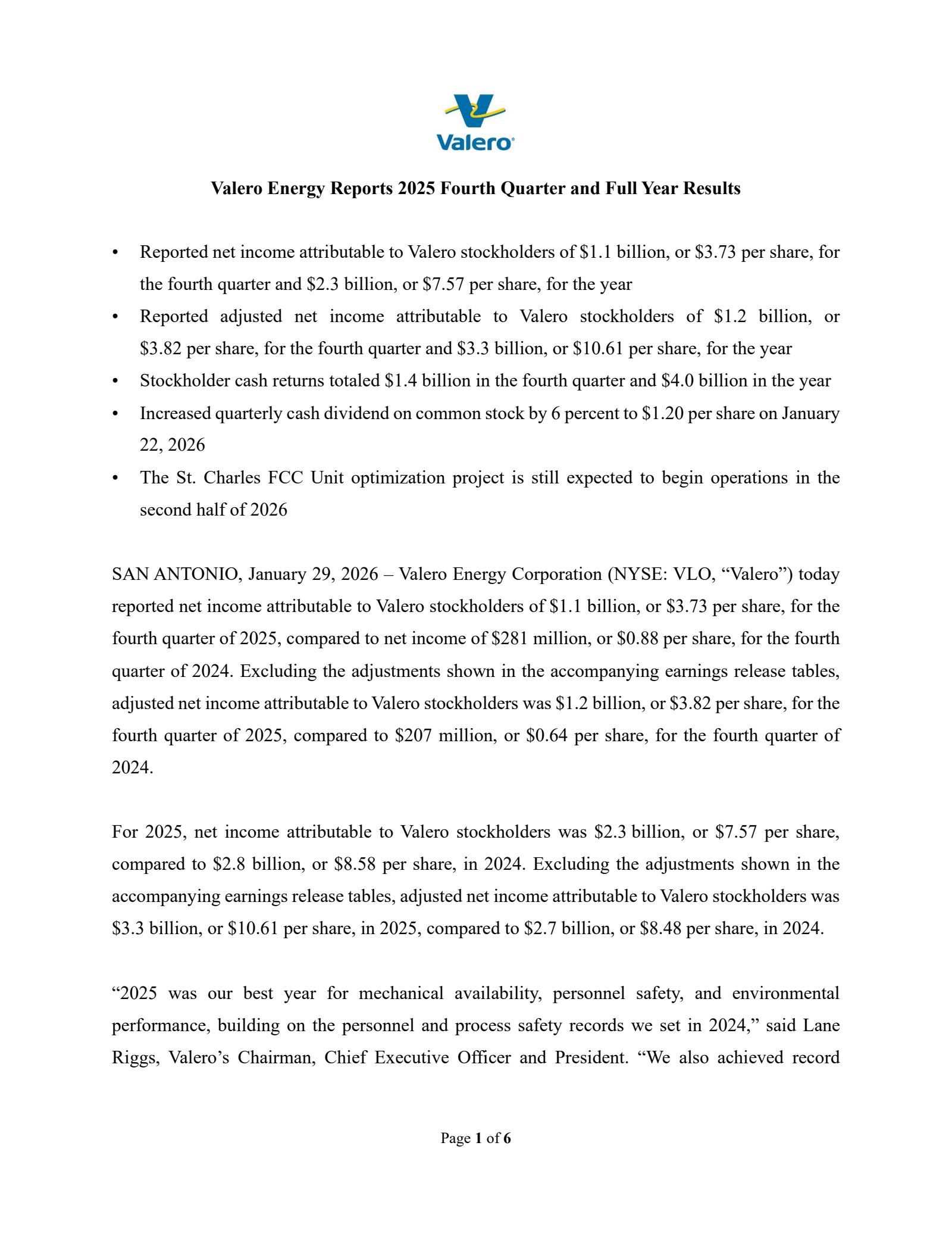 Valero Energy's Q4 2025 Press Release