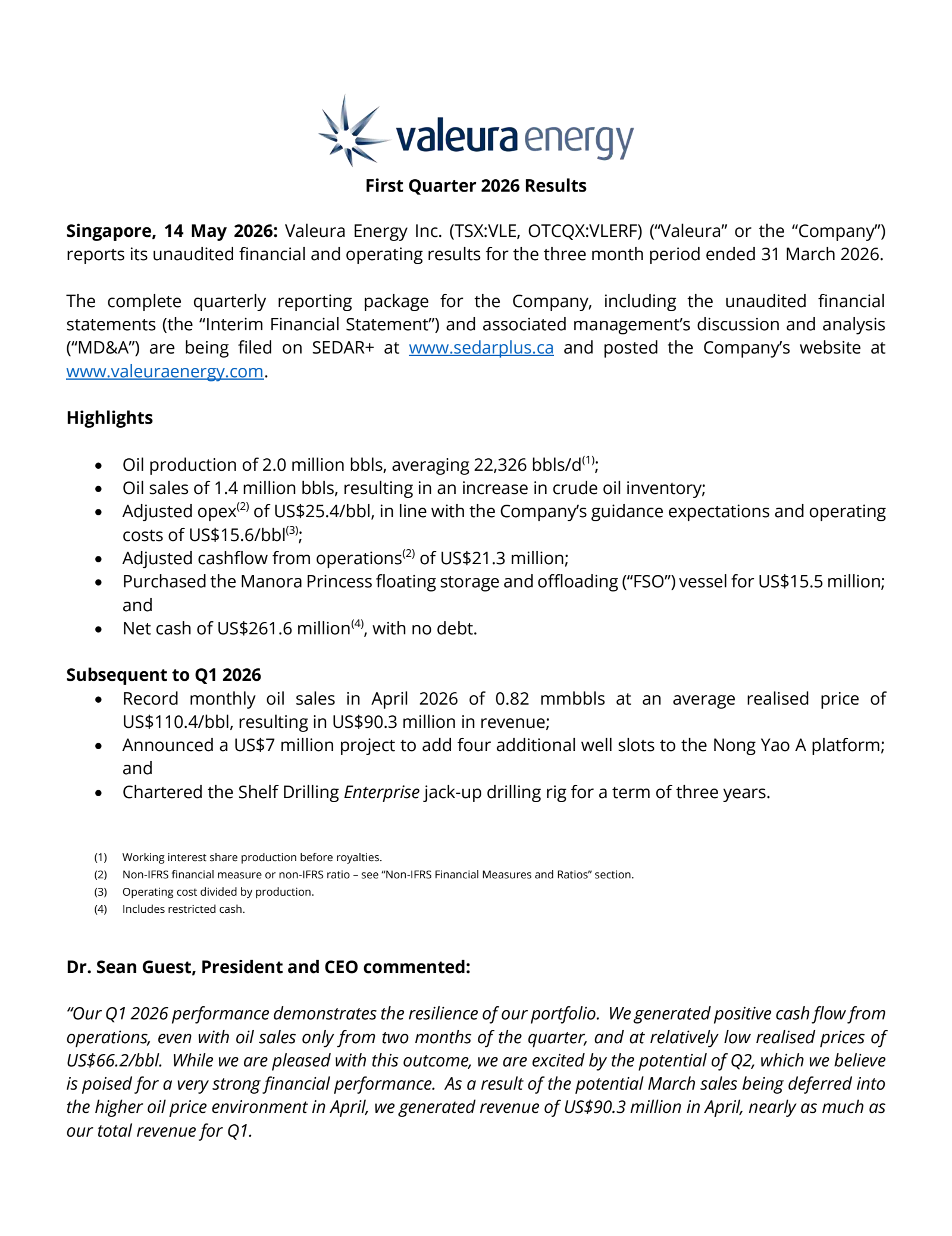 Valeura Energy's Q1 & AGM 2026 Press Release