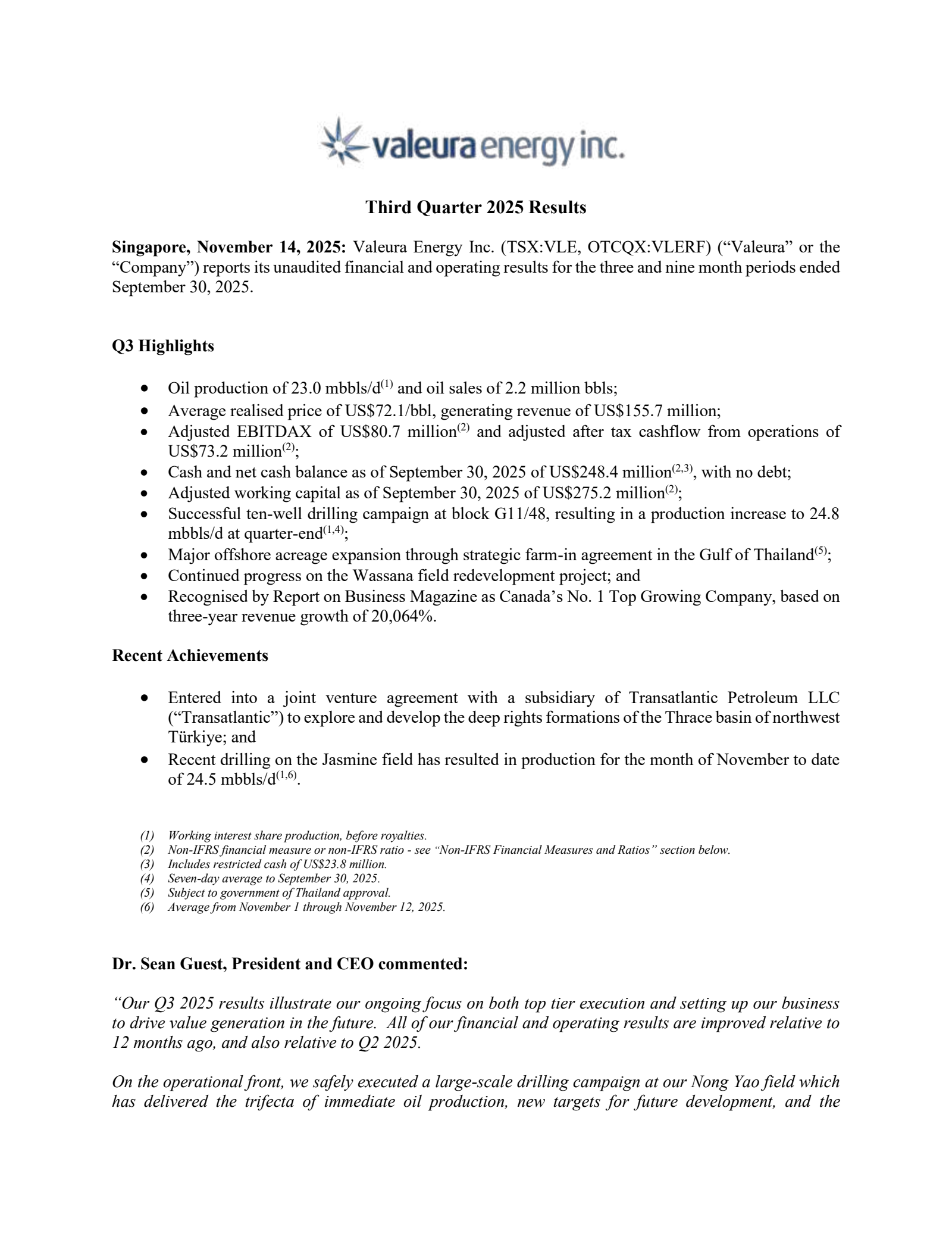 Valeura Energy's Q3 2025 Earnings Release