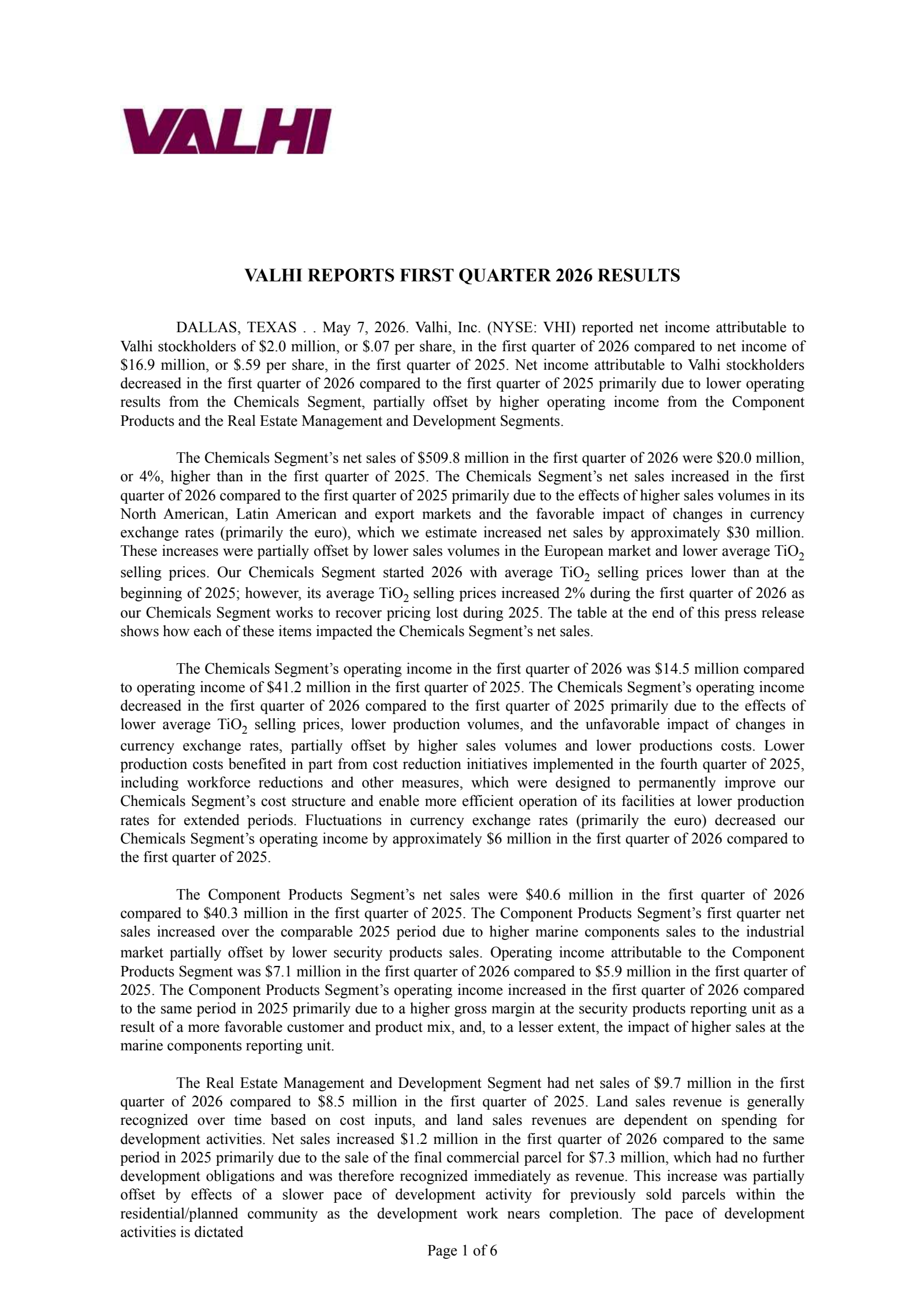 Valhi's Q1 2026 Press Release