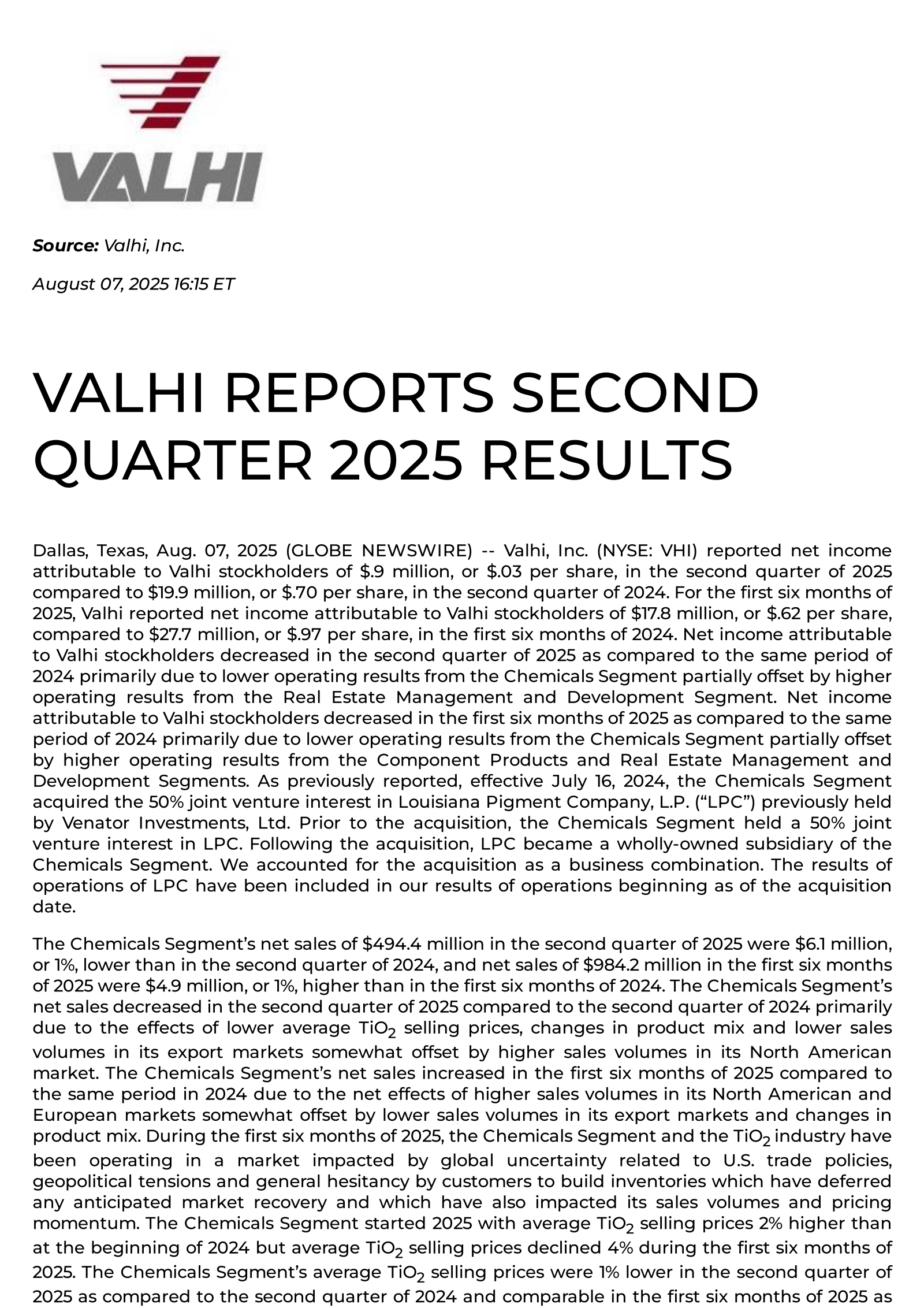 Valhi's Q2 2025 Press Release