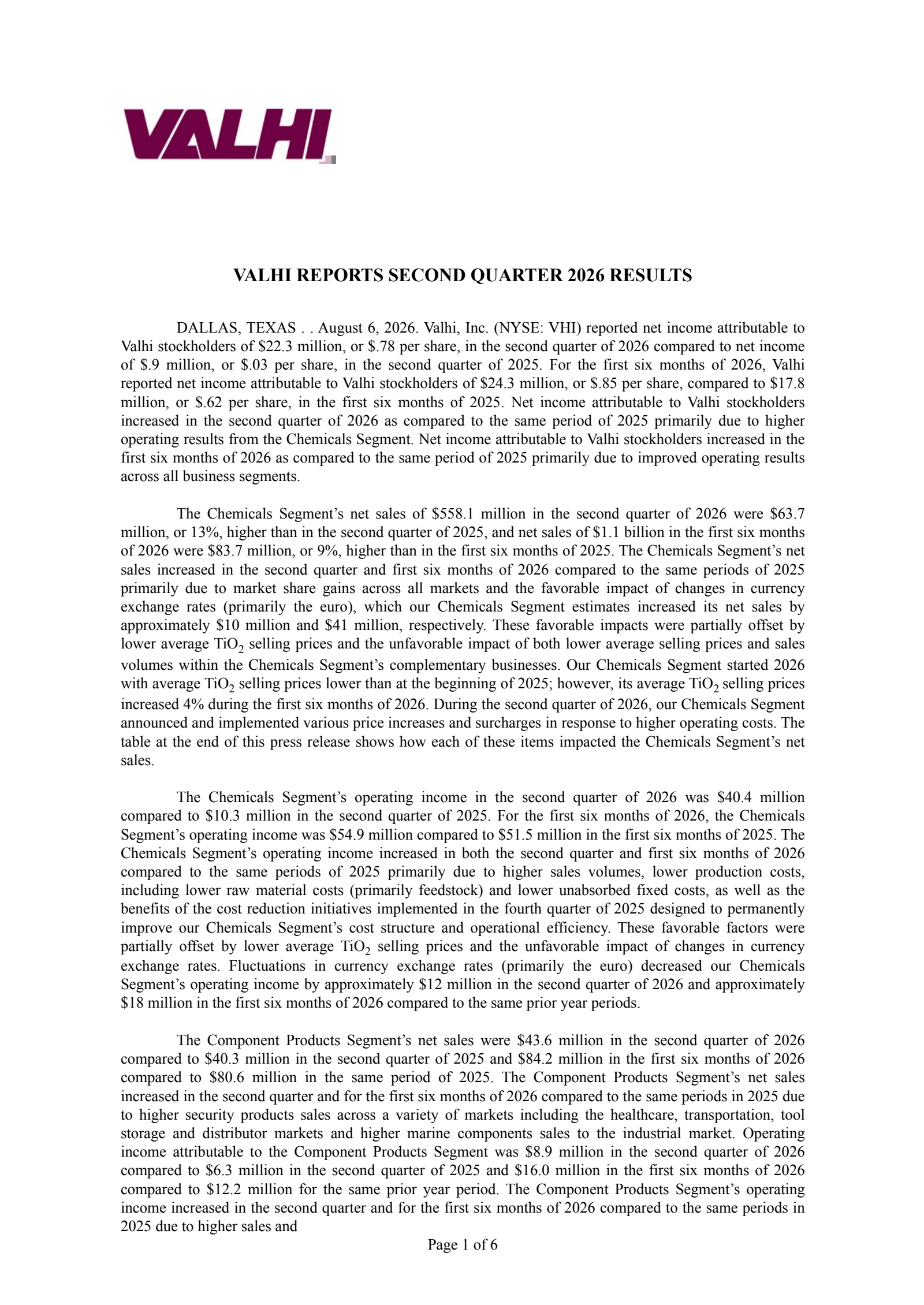Valhi's Q2 2026 Press Release