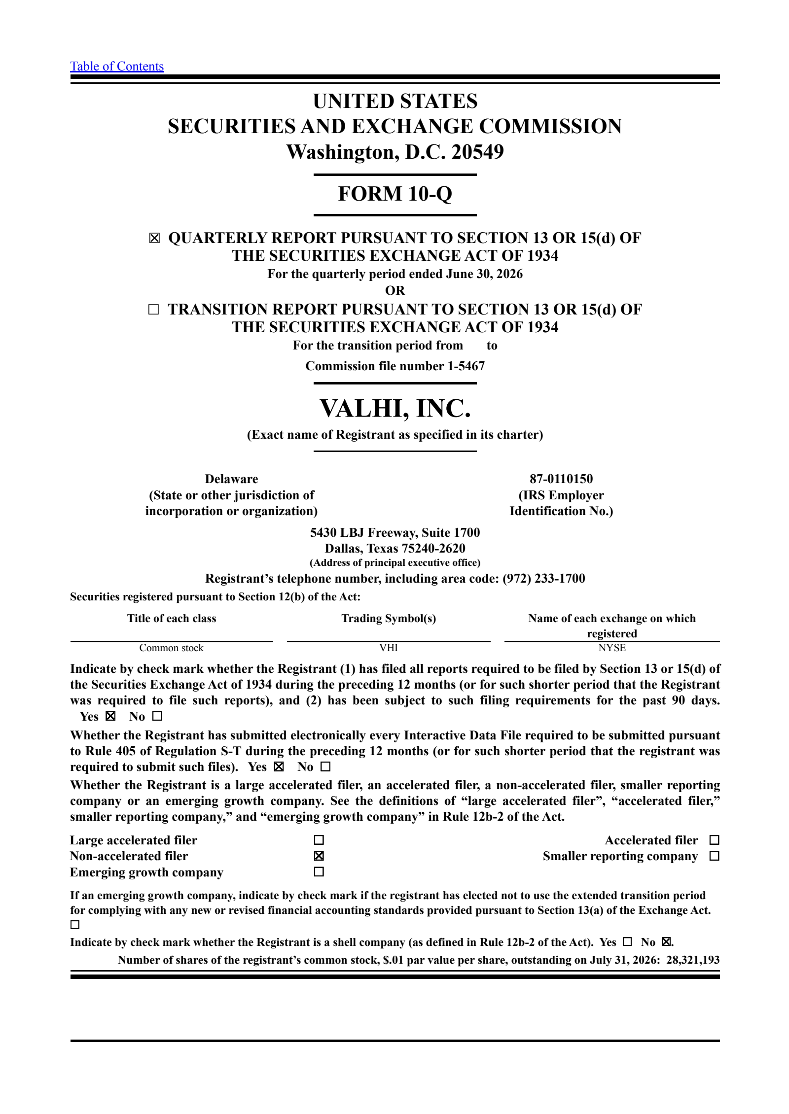 Valhi's Q2 2026 Quarterly report