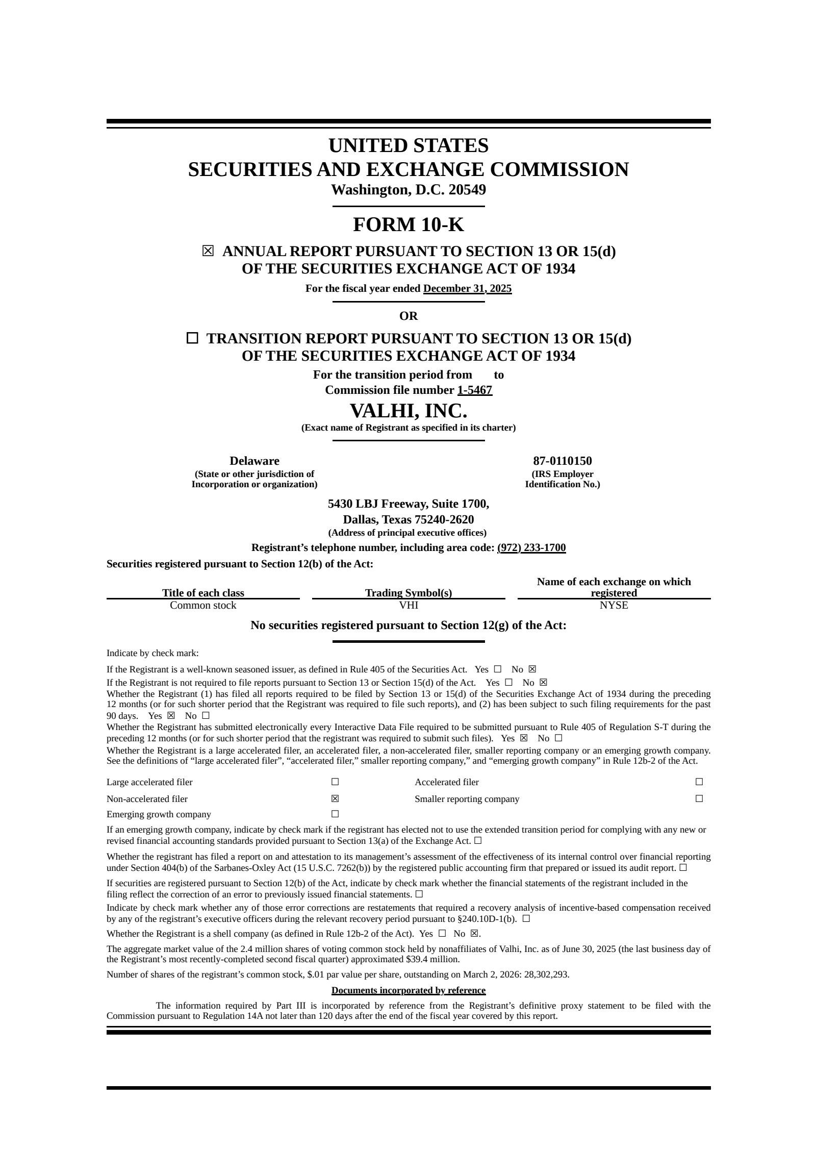 Valhi's Q4 2025 Annual report