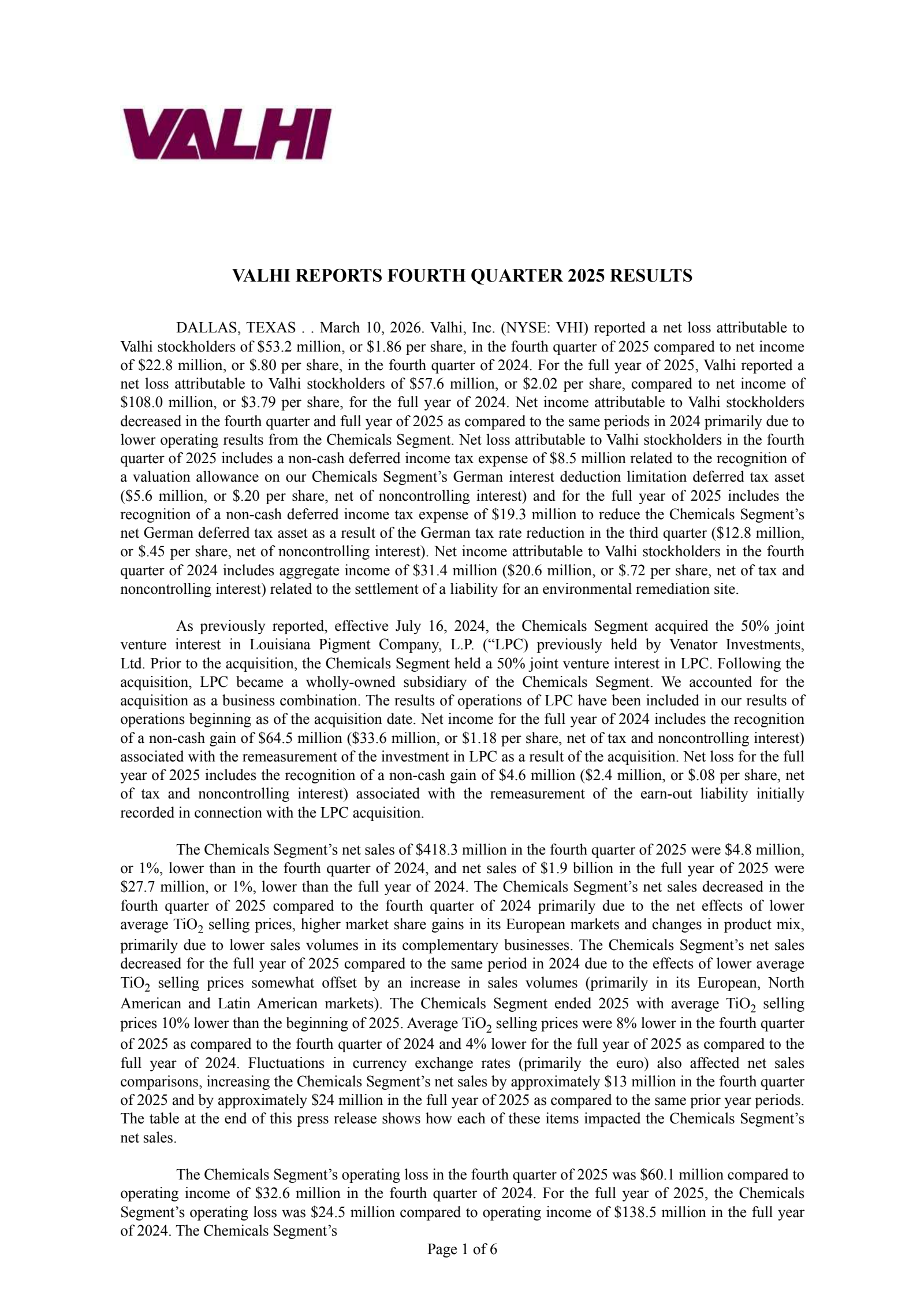 Valhi's Q4 2025 Press Release