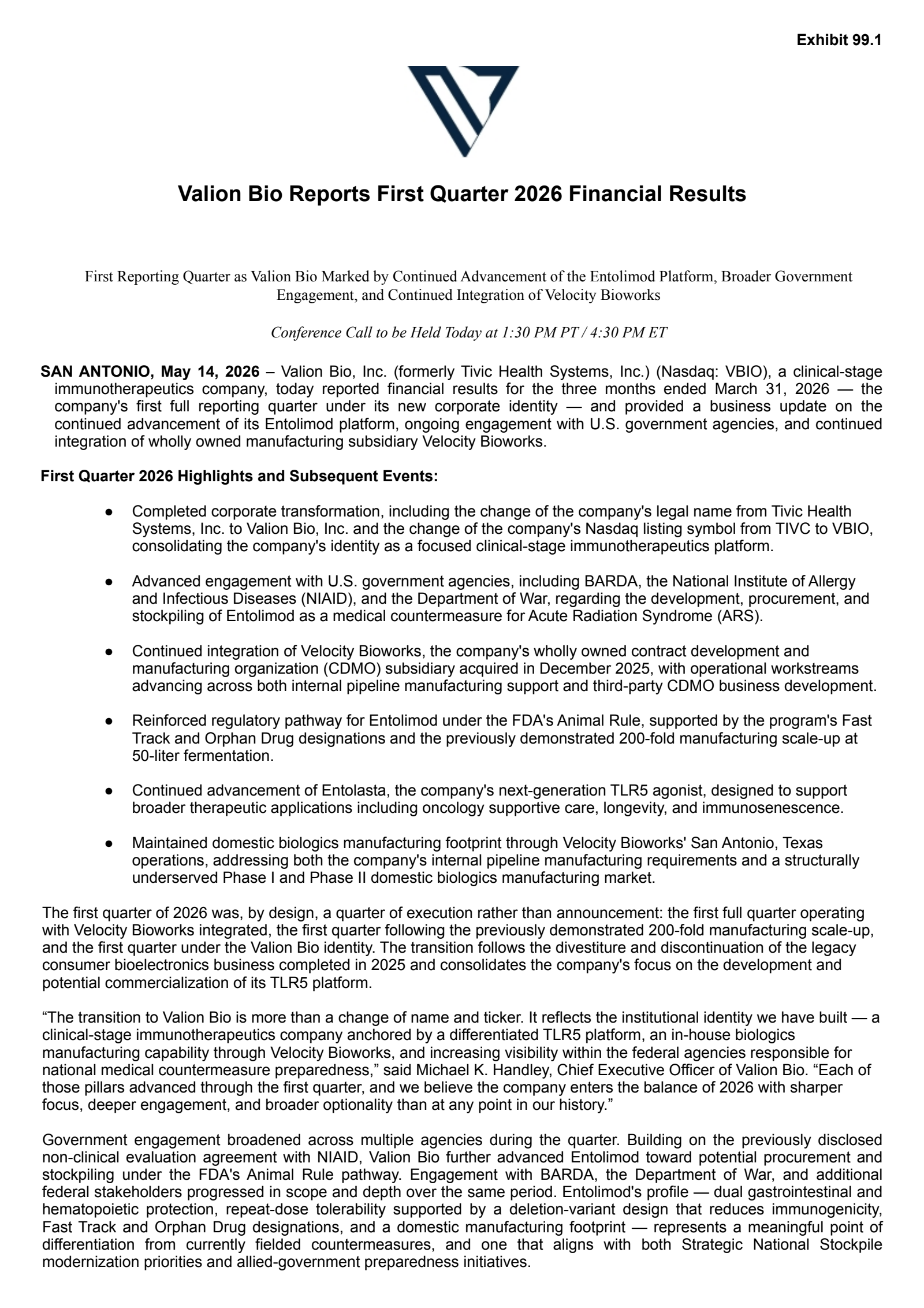 Valion Bio, Inc. Common Stock's Q1 2026 Press Release