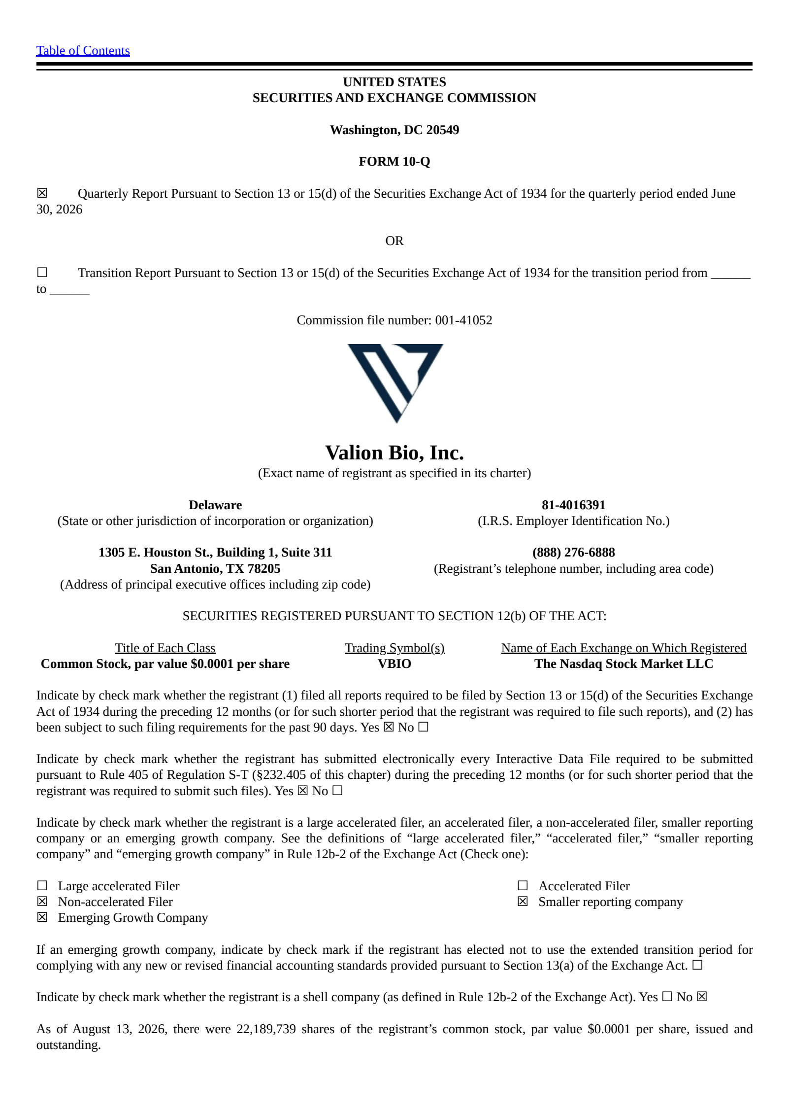 Valion Bio, Inc. Common Stock's Q2 2026 Quarterly report