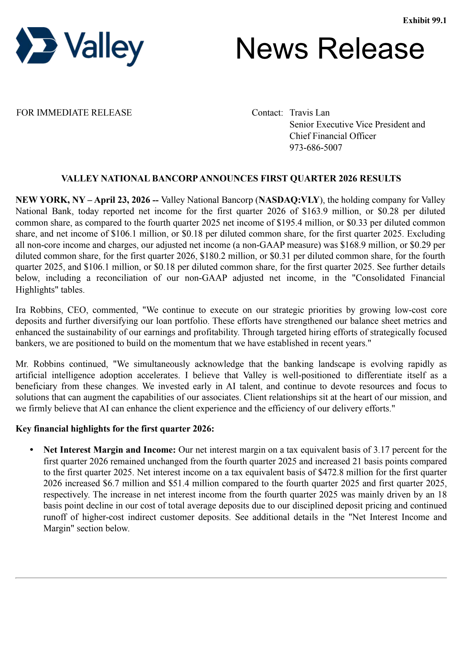 Valley National Bancorp's Q1 2026 Press Release