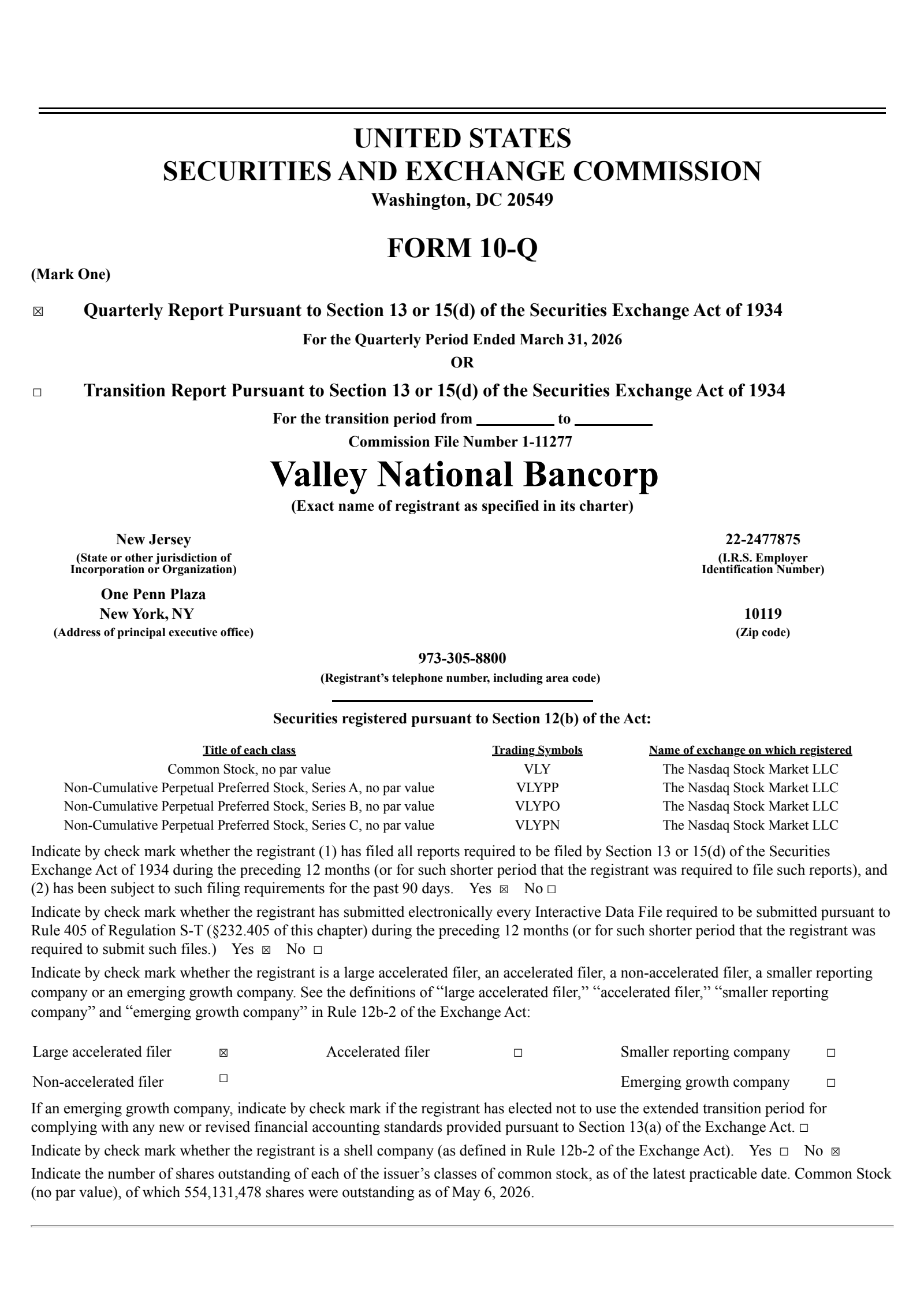 Valley National Bancorp's Q1 2026 Quarterly report