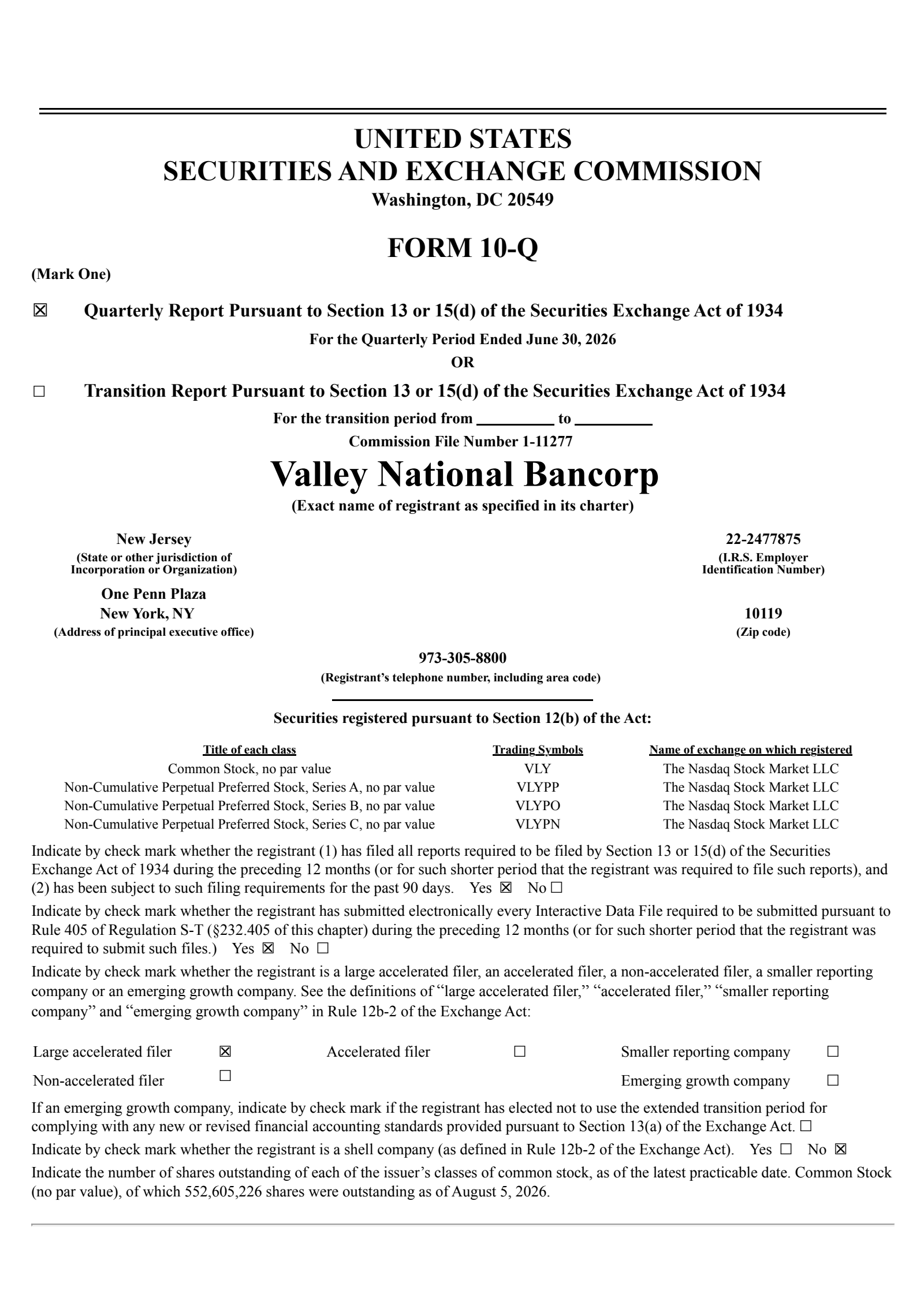 Valley National Bancorp's Q2 2026 Quarterly report