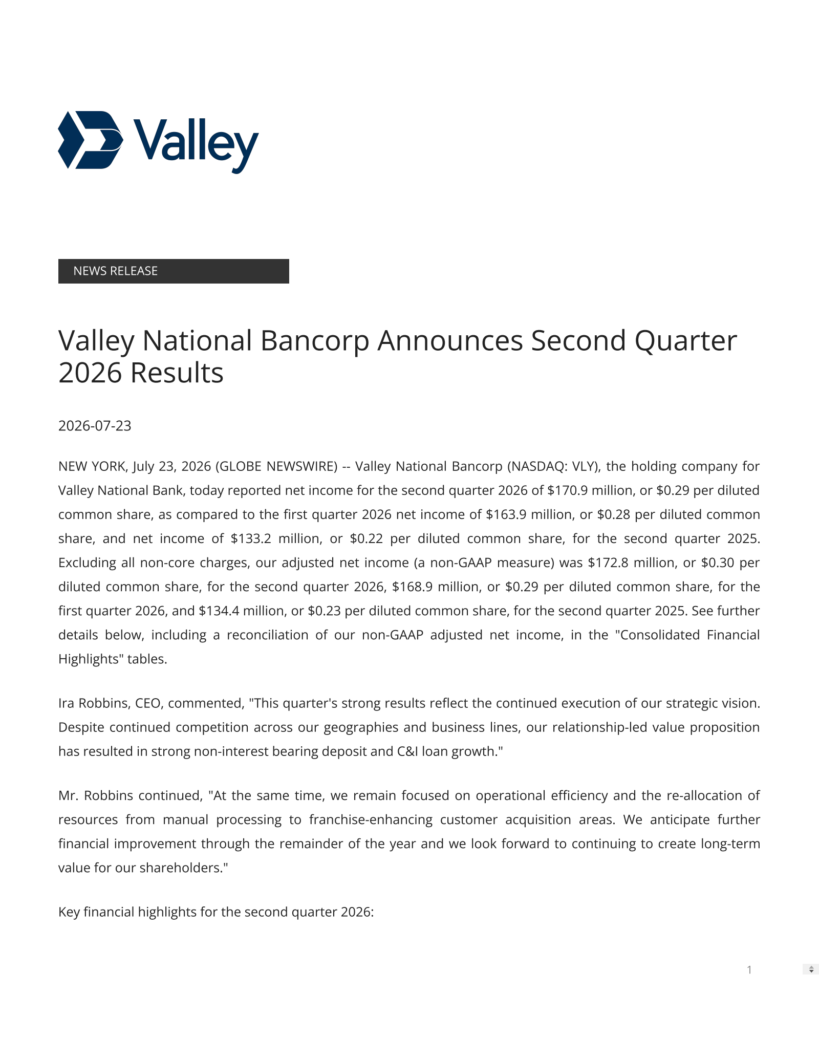 Valley National Bancorp's Q2 2026 Press Release
