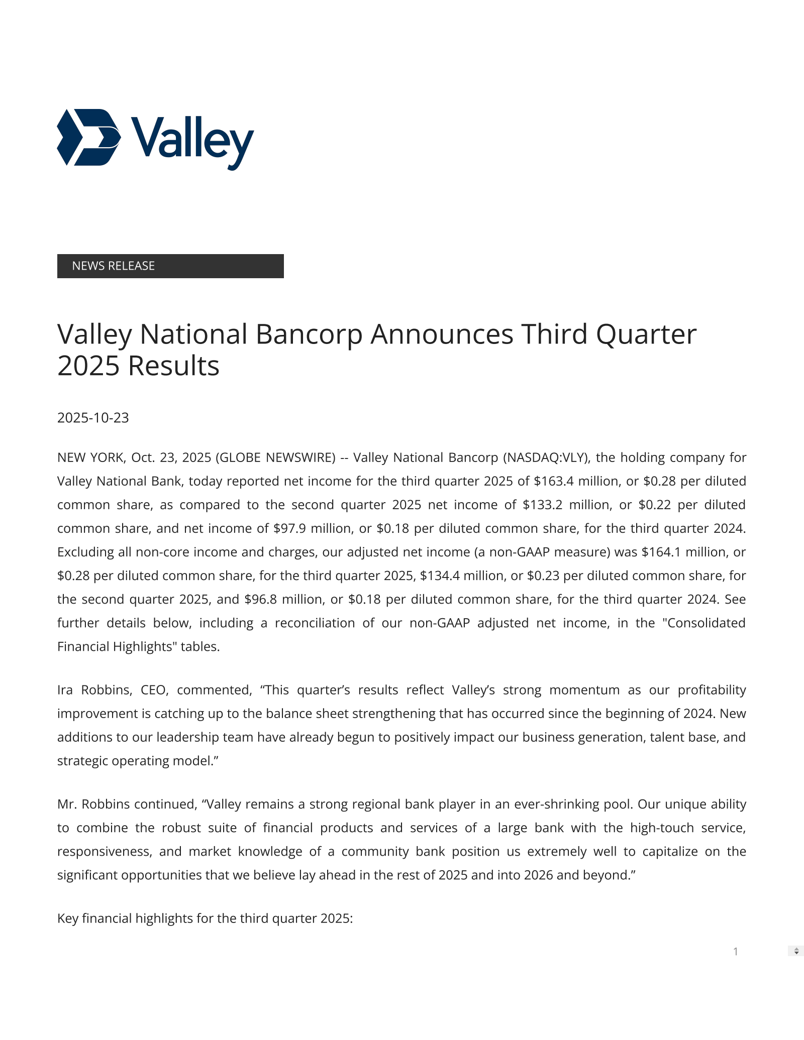 Valley National Bancorp's Q3 2025 Earnings Release