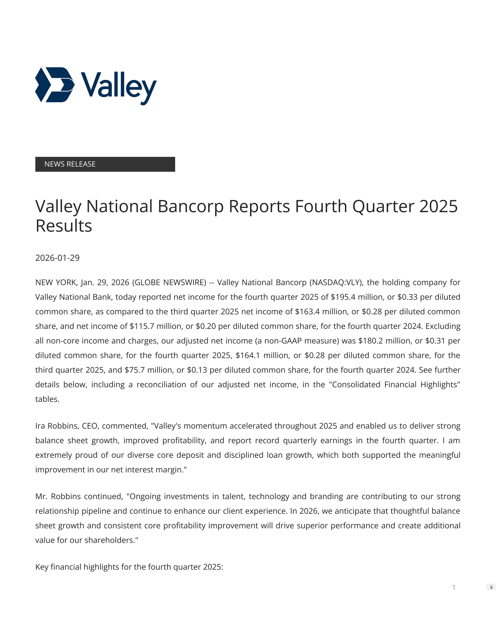 Valley National Bancorp's Q4 2025 Press Release