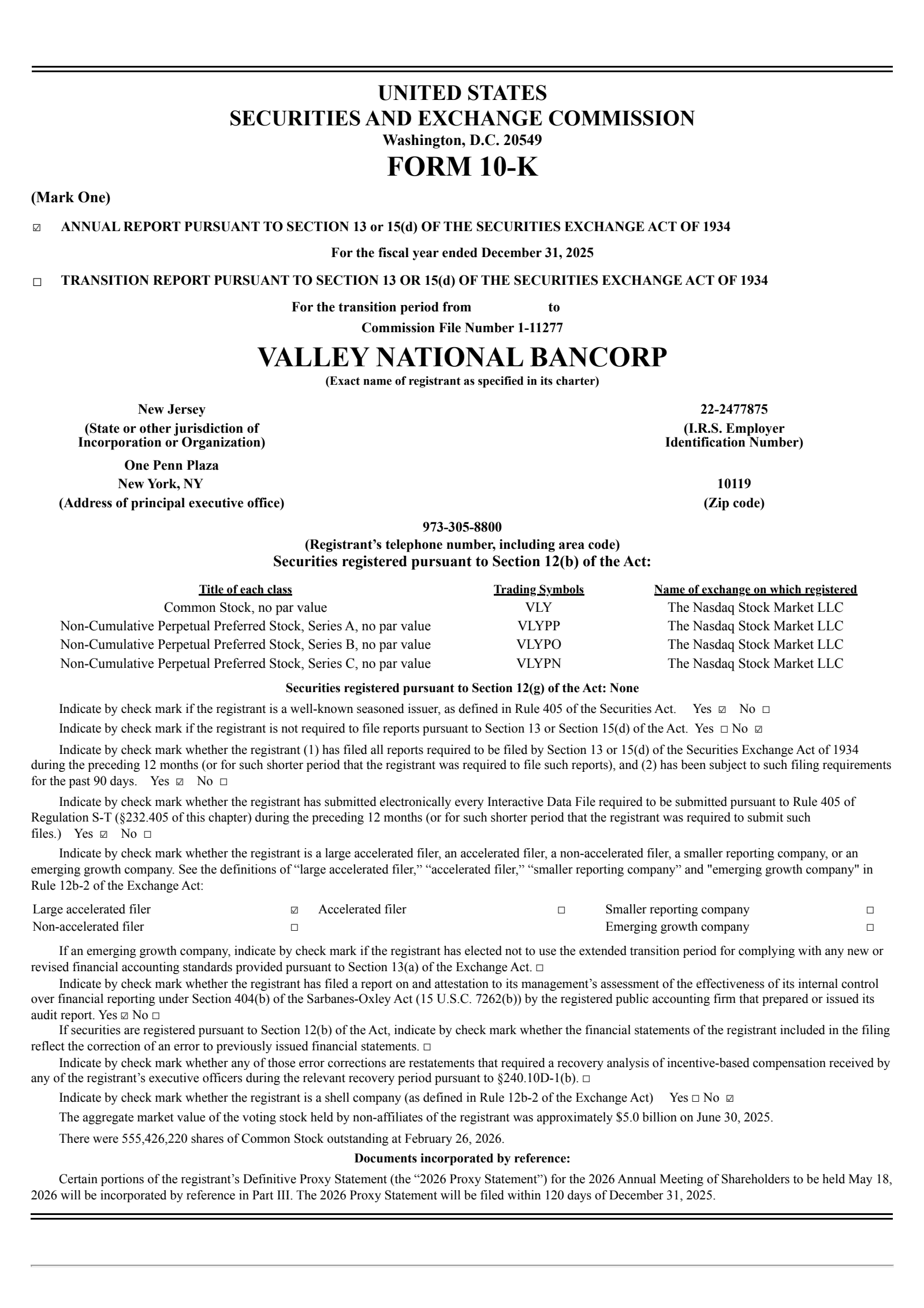 Valley National Bancorp's Q4 2025 Annual report