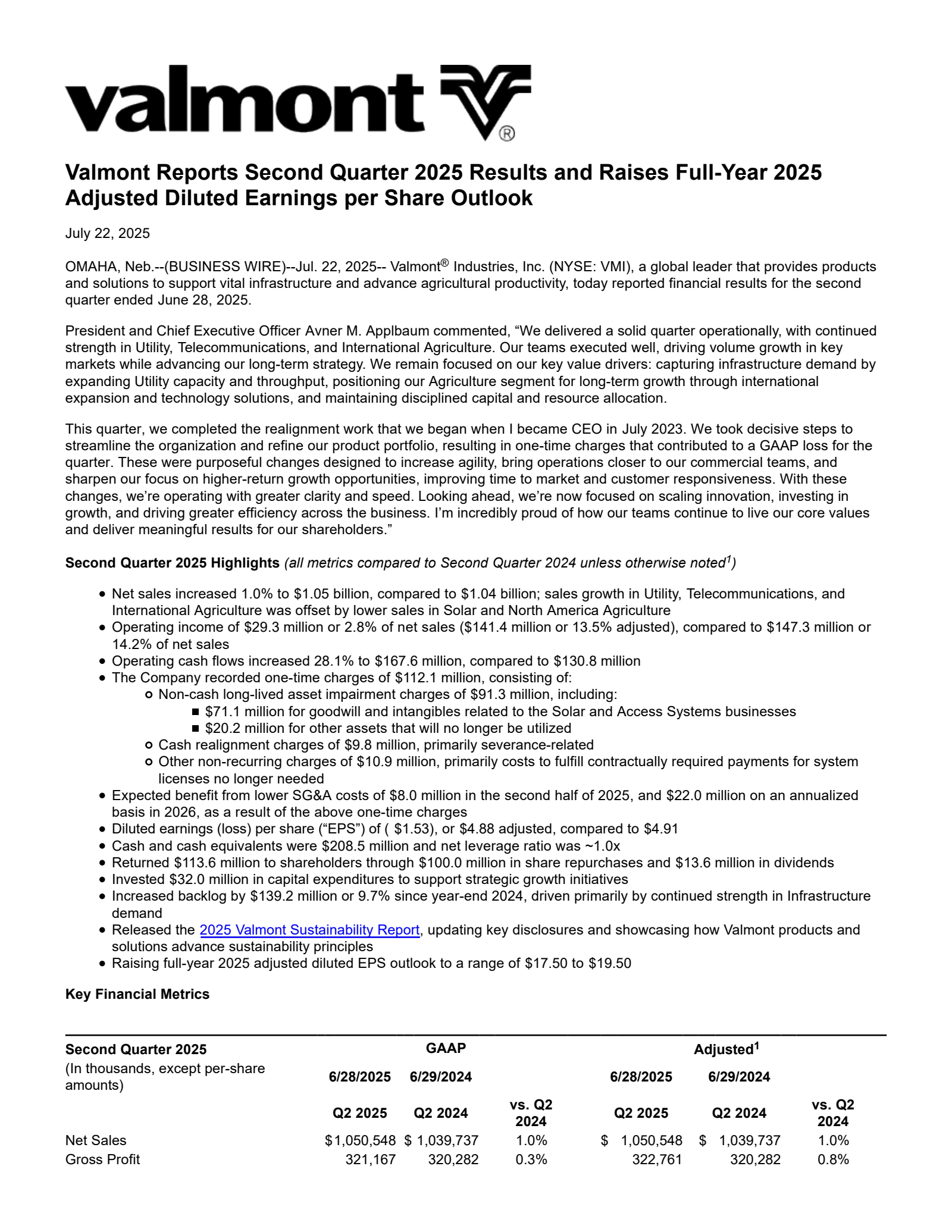Valmont Industries' Q2 2025 Press Release