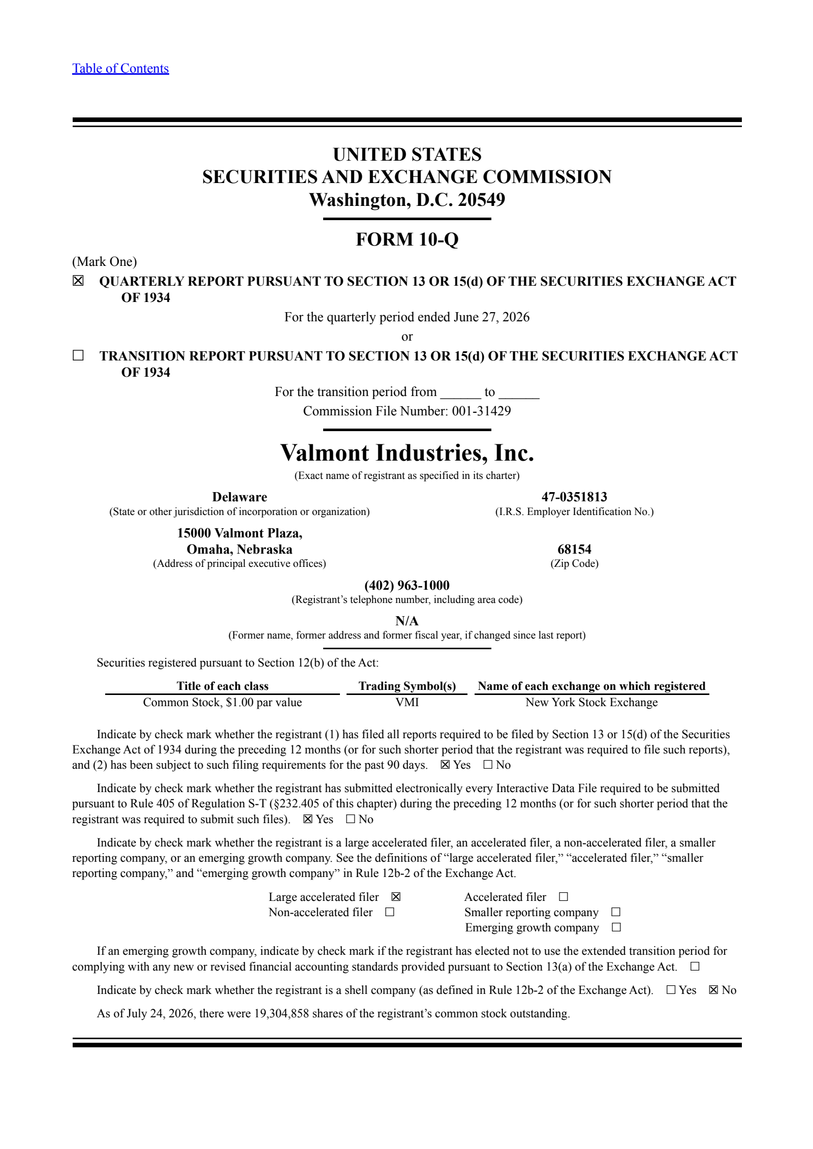 Valmont Industries' Q2 2026 Quarterly report