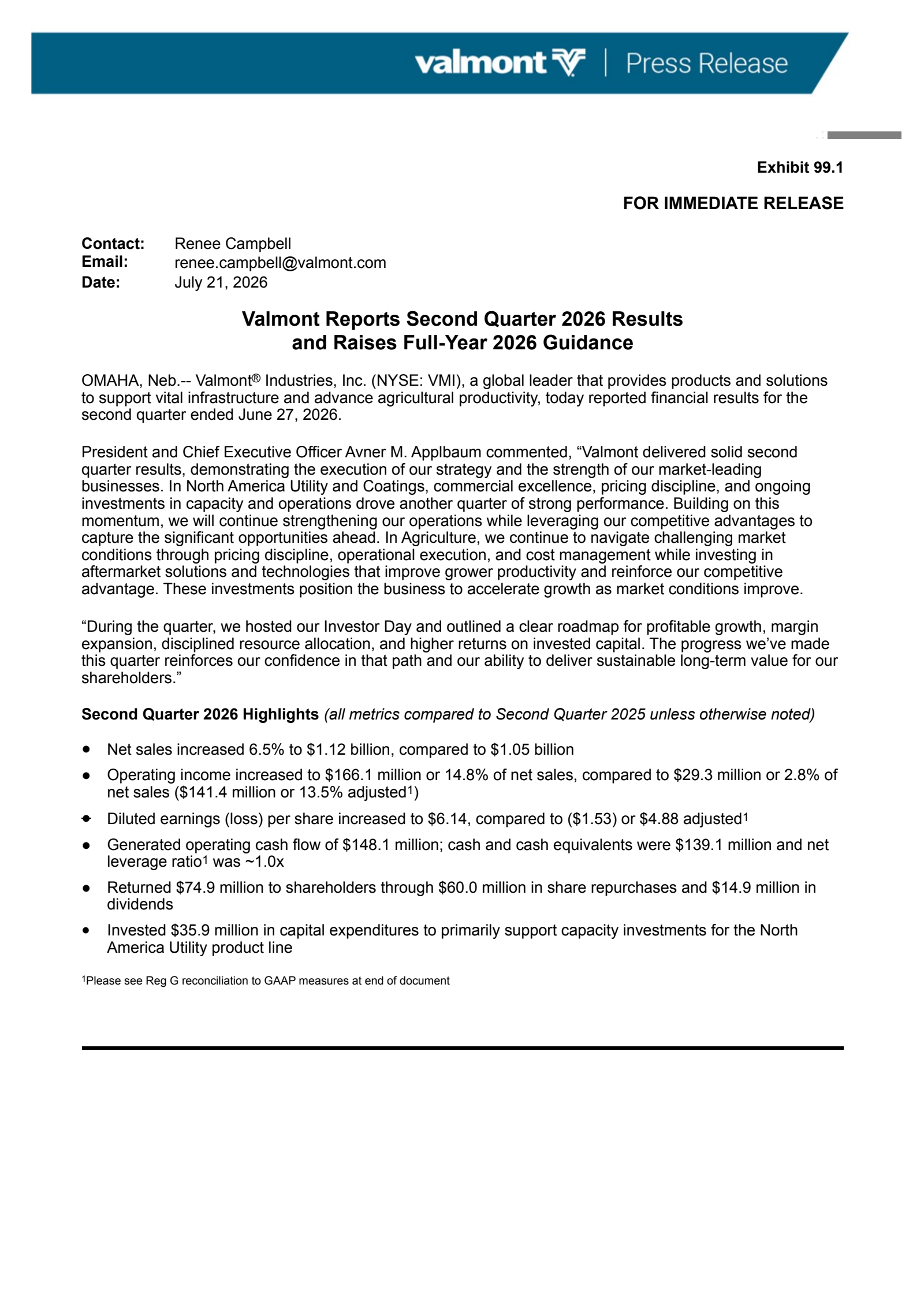 Valmont Industries' Q2 2026 Press Release
