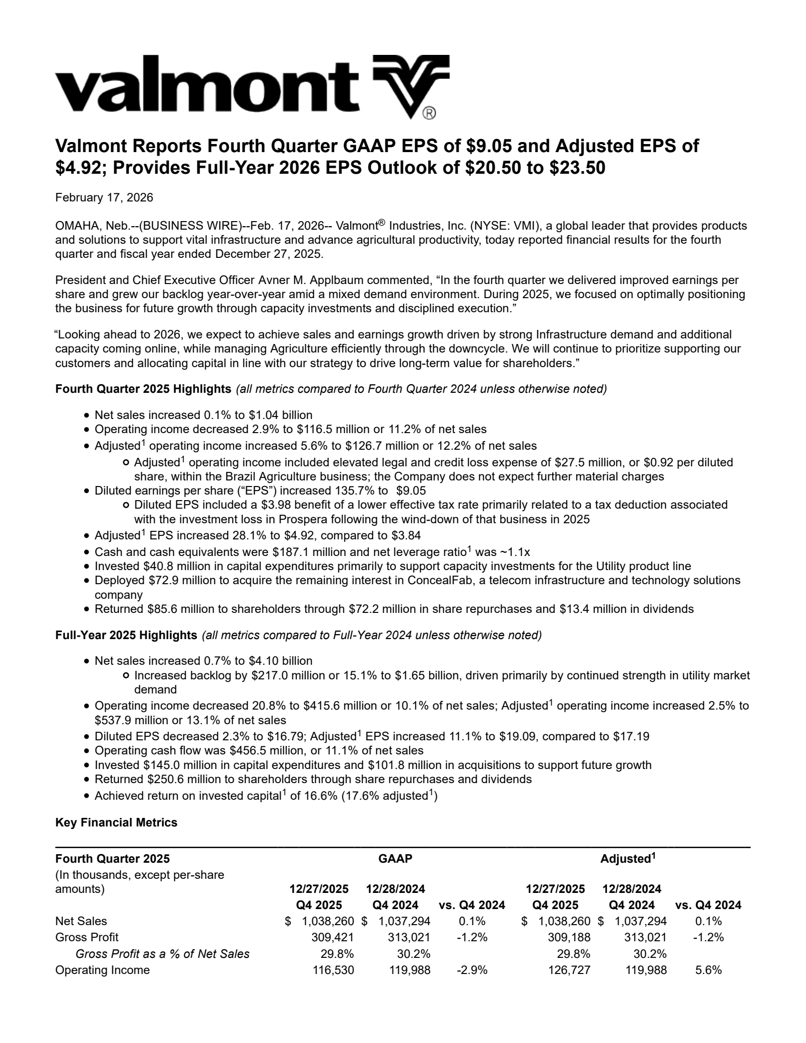 Valmont Industries' Q4 2025 Press Release