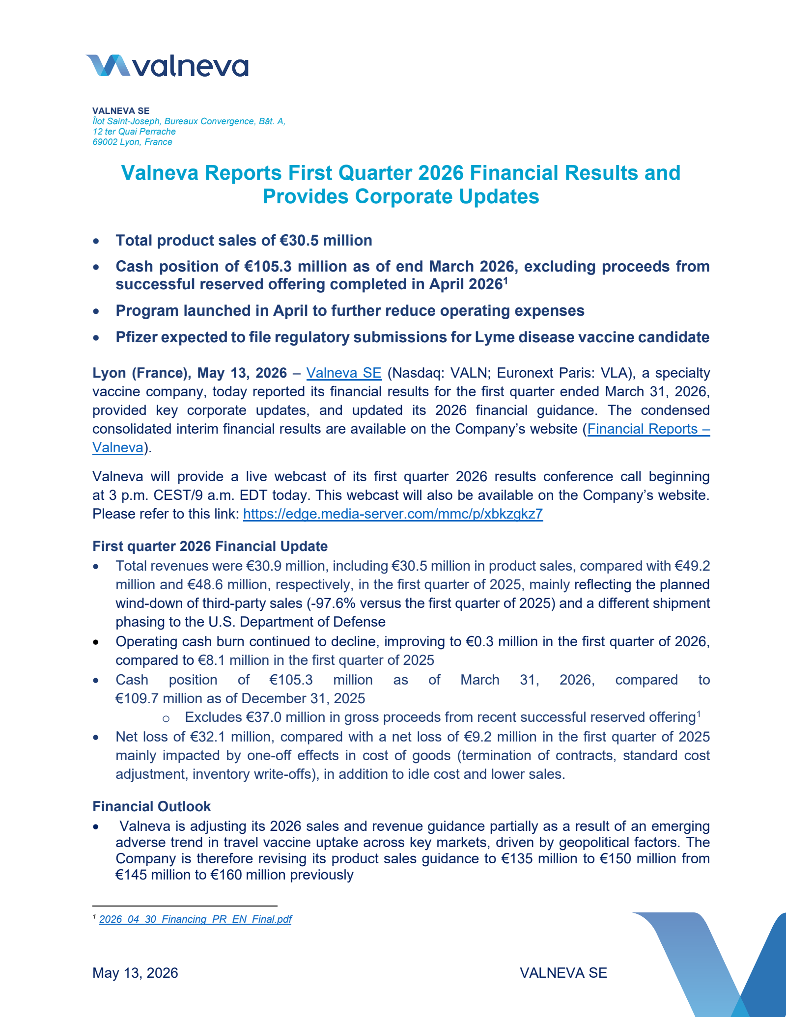 Valneva's Q1 2026 Press Release