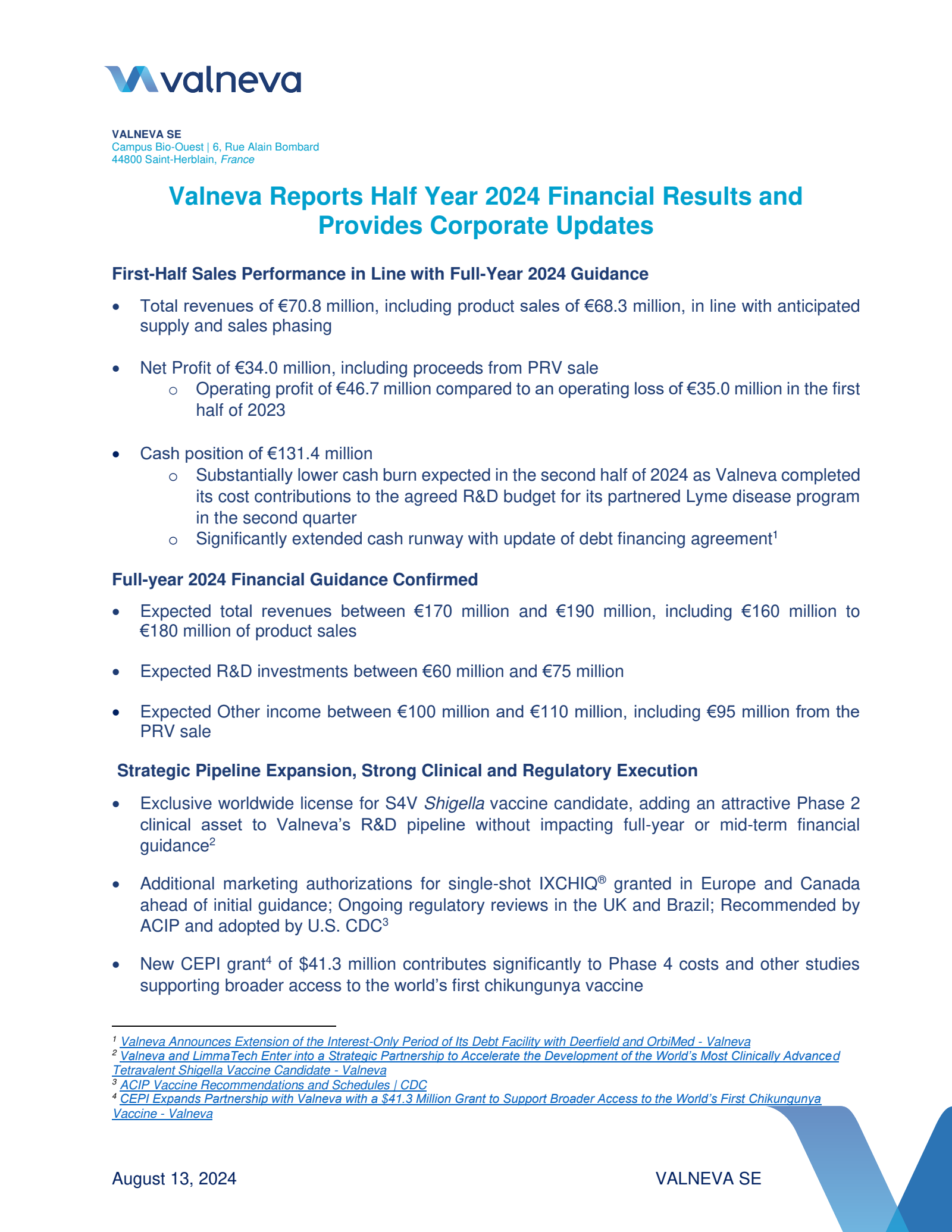 Valneva's Q2 2024 Press Release