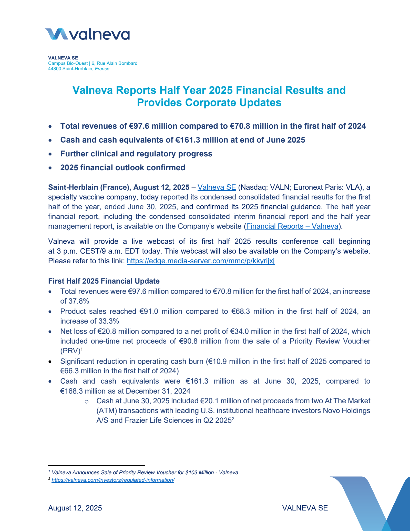 Valneva's Q2 2025 Press Release