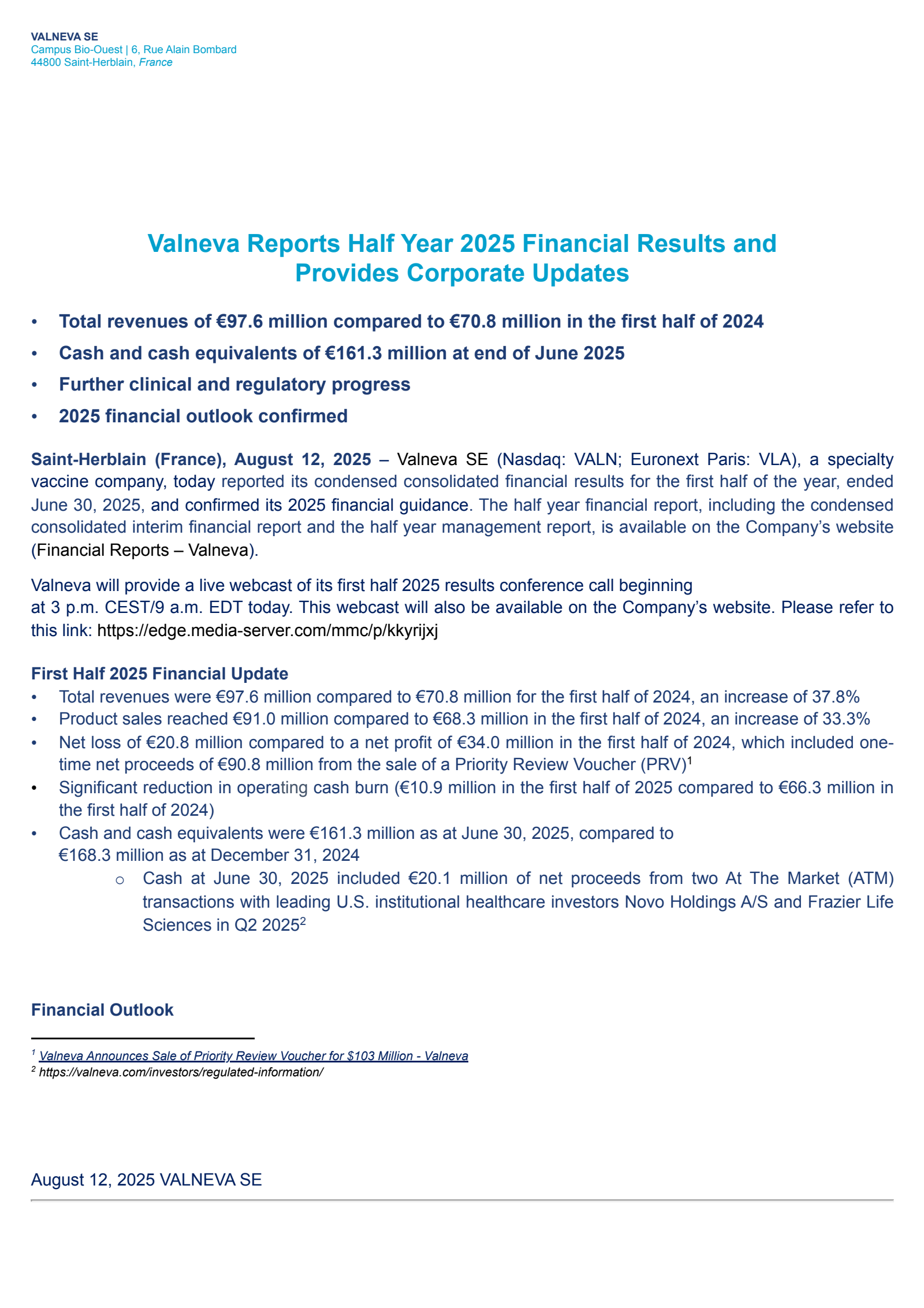 Valneva's Q2 2025 Press Release