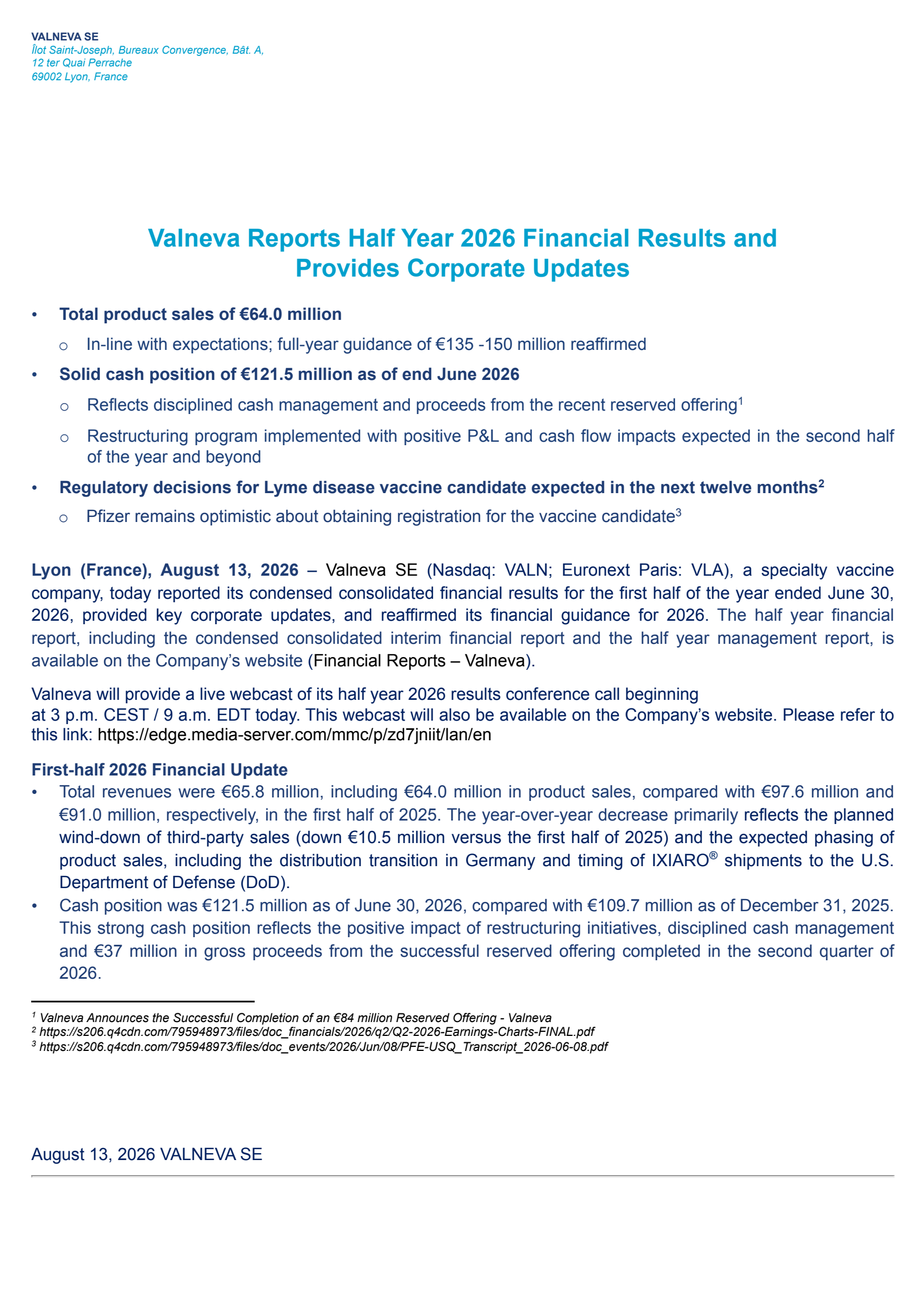 Valneva's Q2 2026 Press Release