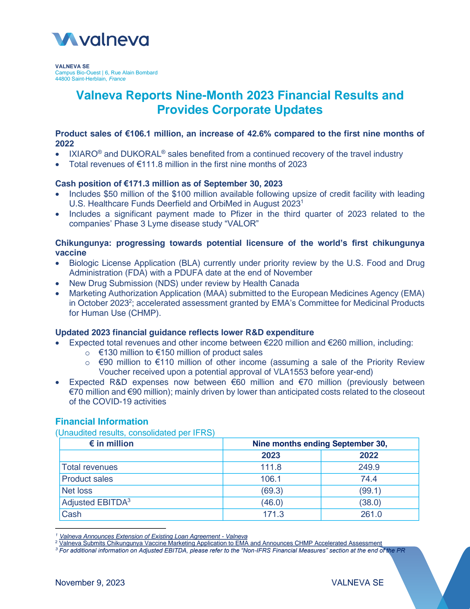 Valneva's Q3 2023 Interim report