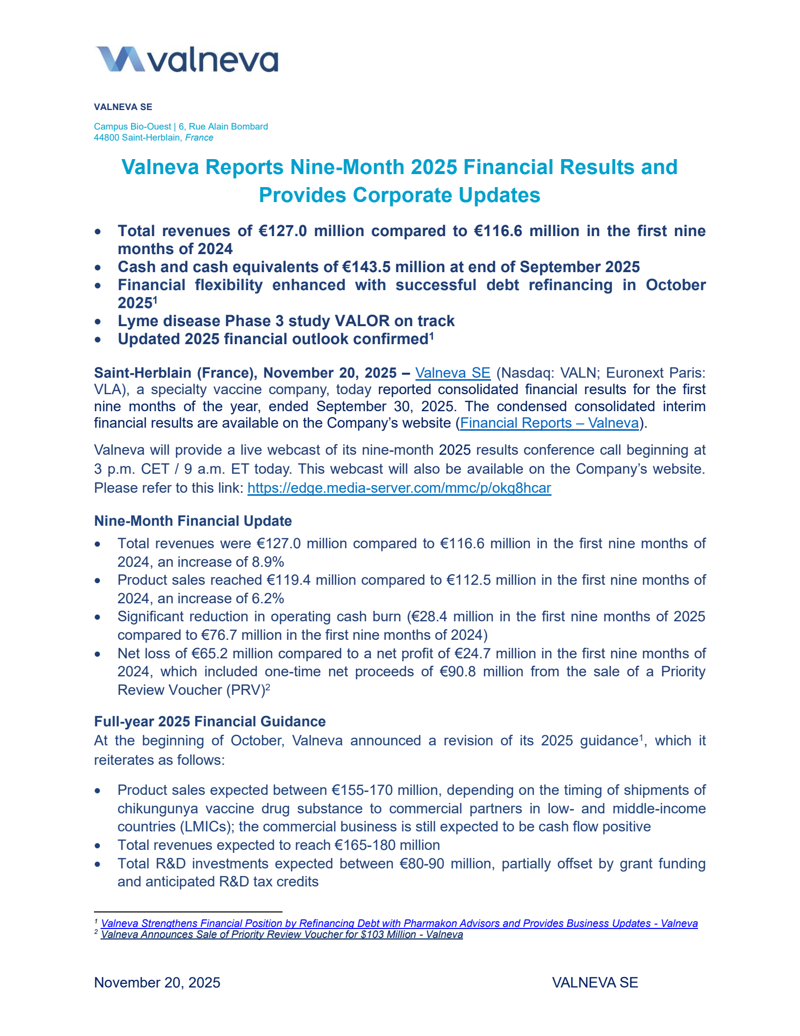 Valneva's Q3 2025 Earnings Release