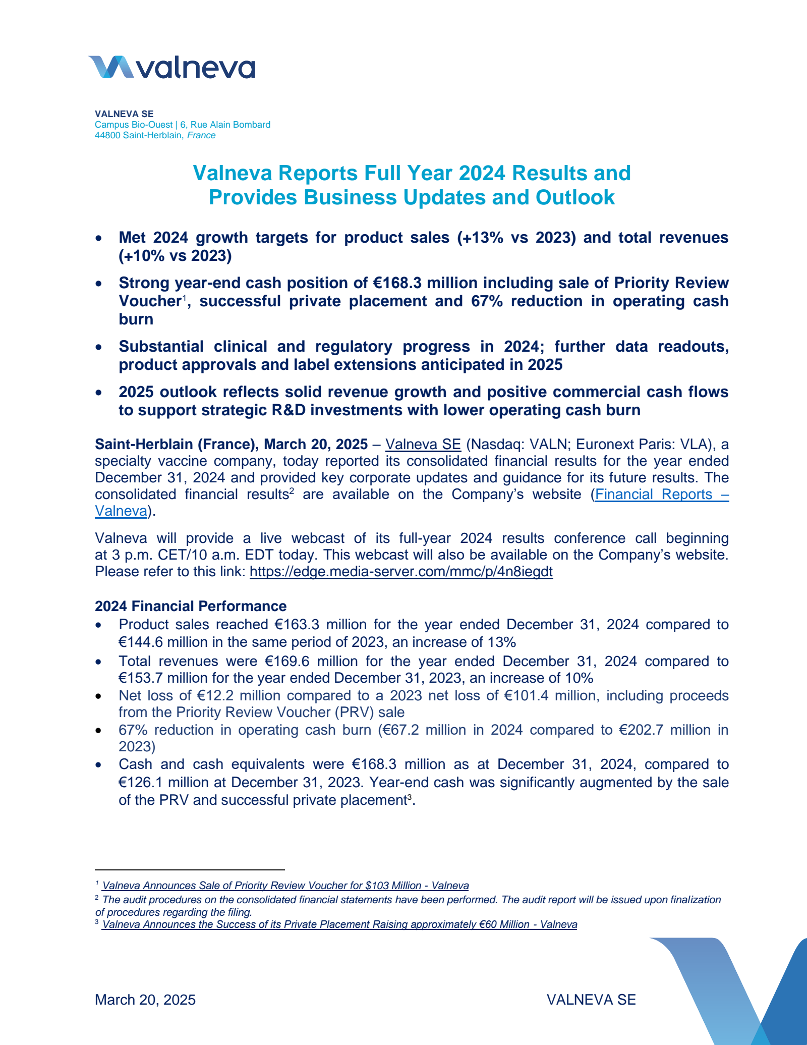 Valneva's Q4 2024 Press Release