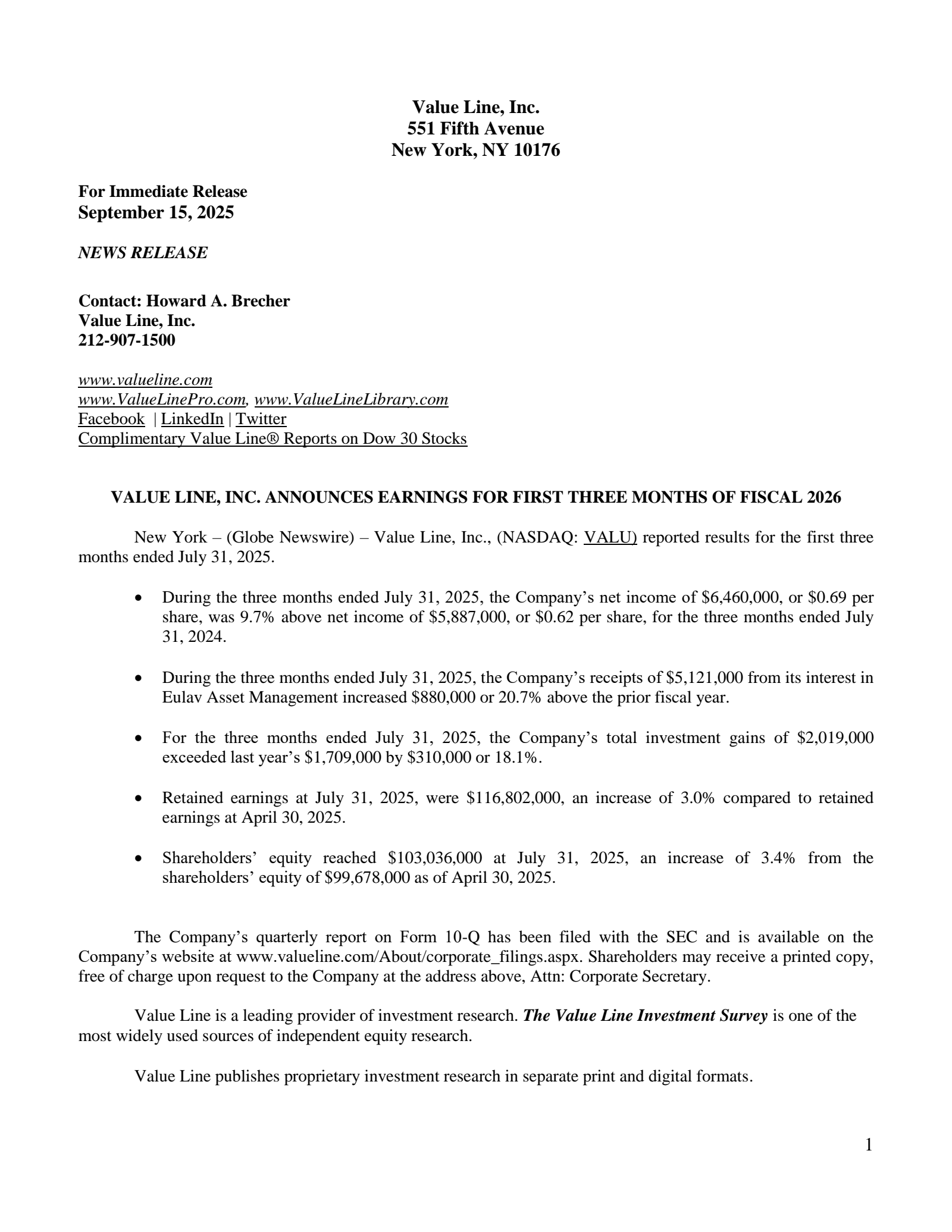 Value Line's Q1 2026 Earnings Release