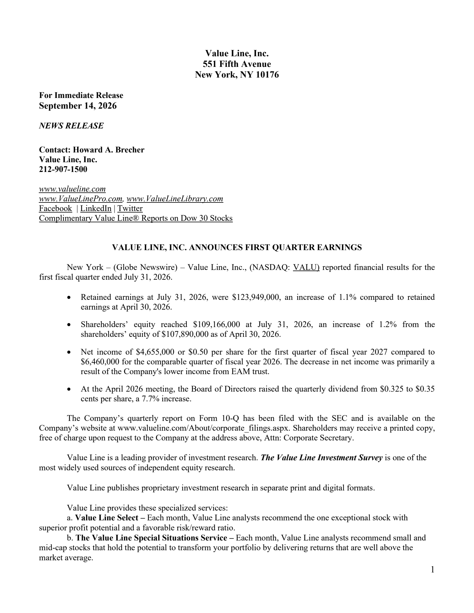 Value Line's Q1 2027 Press Release