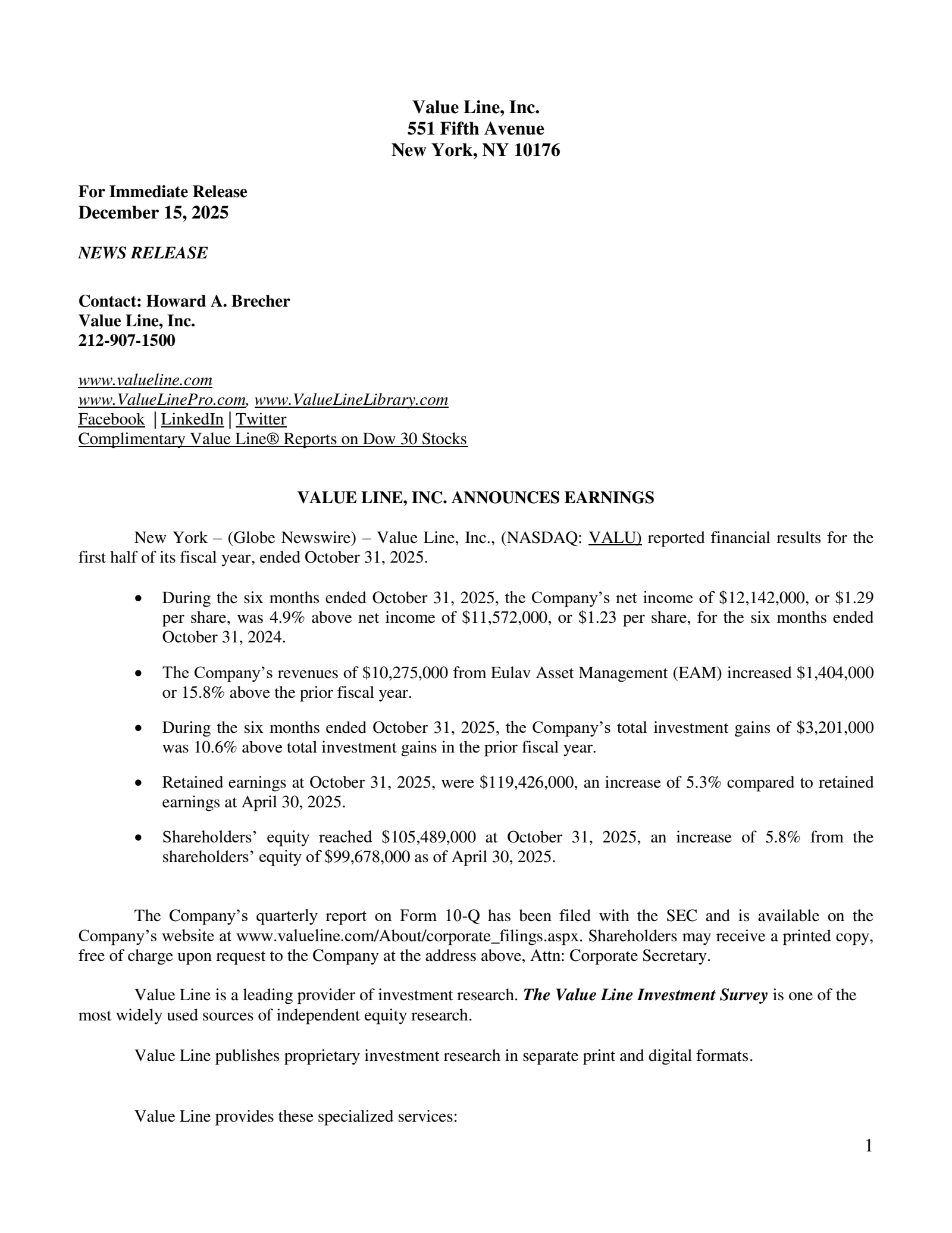 Value Line's Q2 2026 Earnings Release