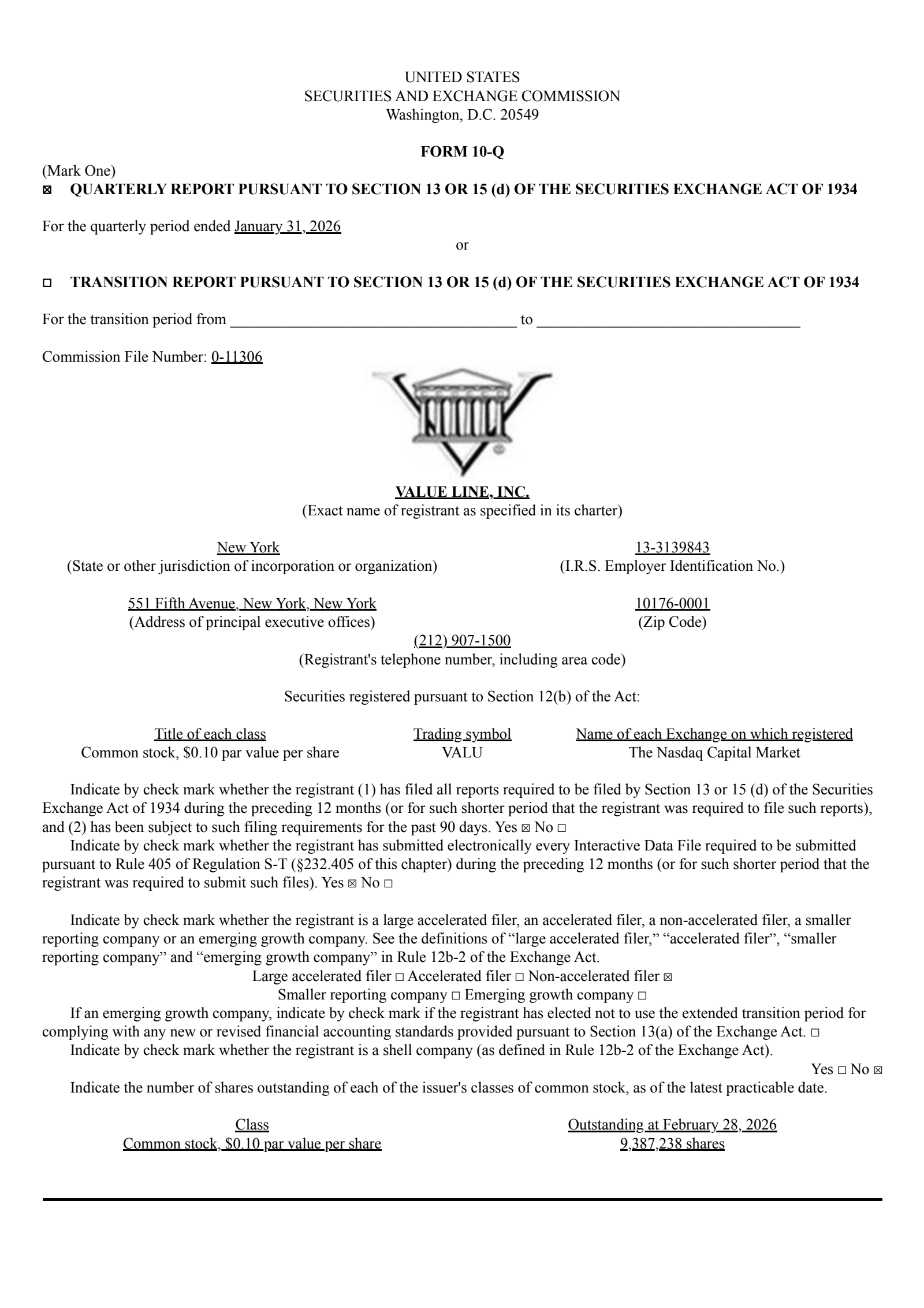 Value Line's Q3 2026 Quarterly report
