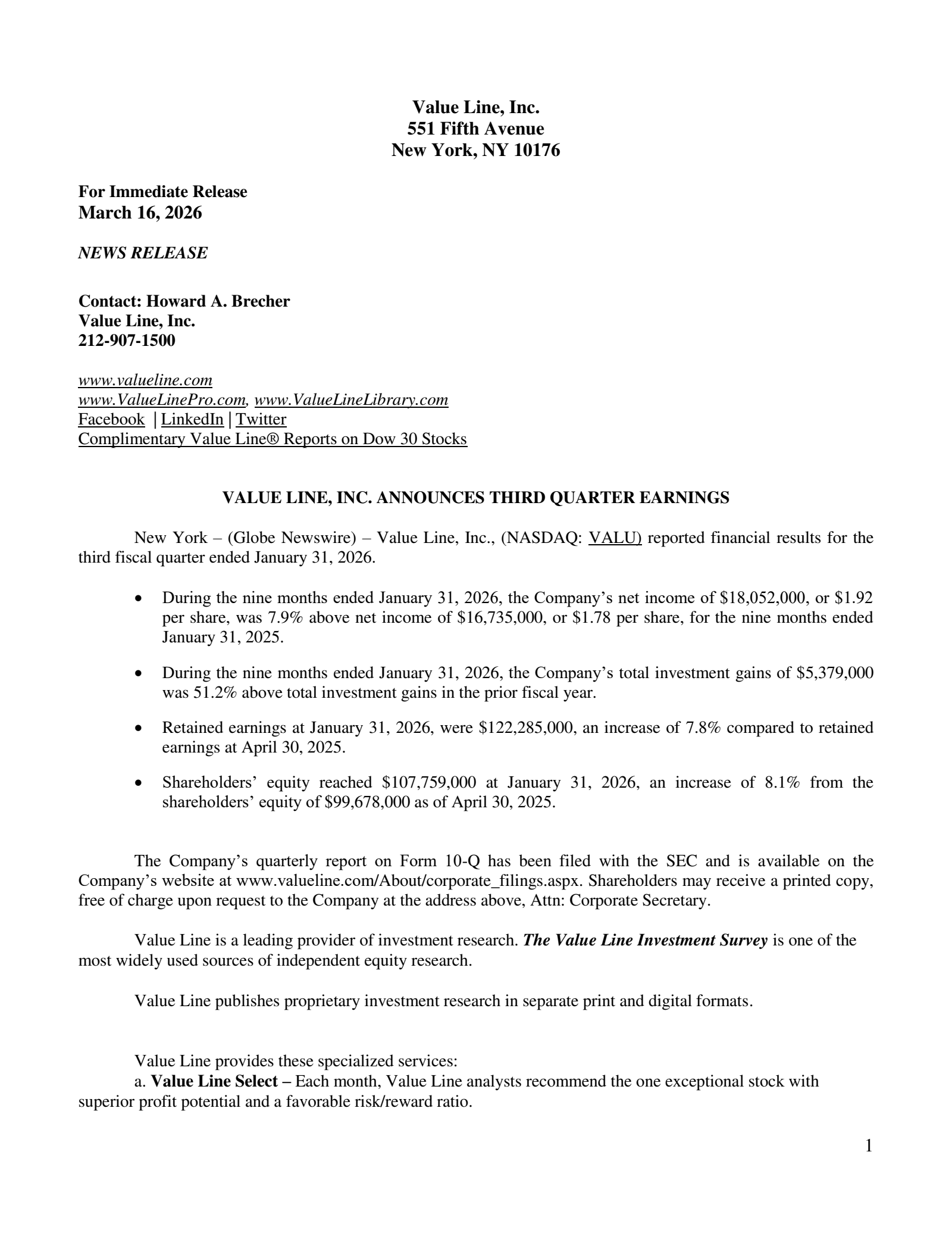 Value Line's Q3 2026 Press Release