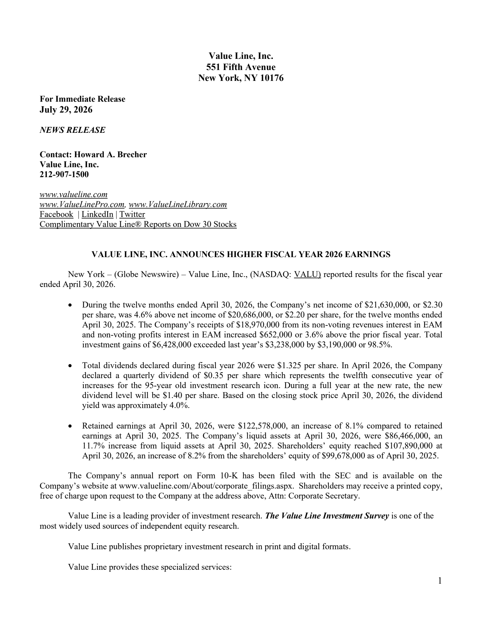 Value Line's Q4 2026 Press Release