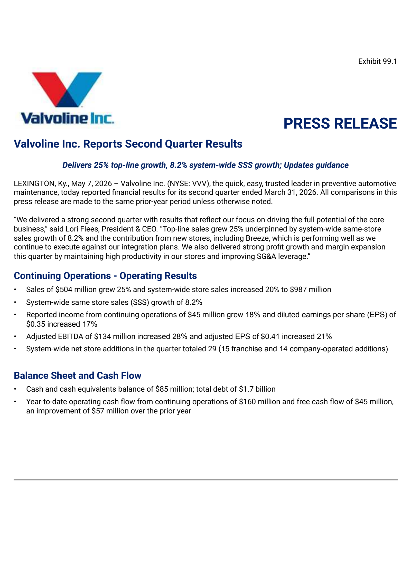 Valvoline's Q2 2026 Press Release